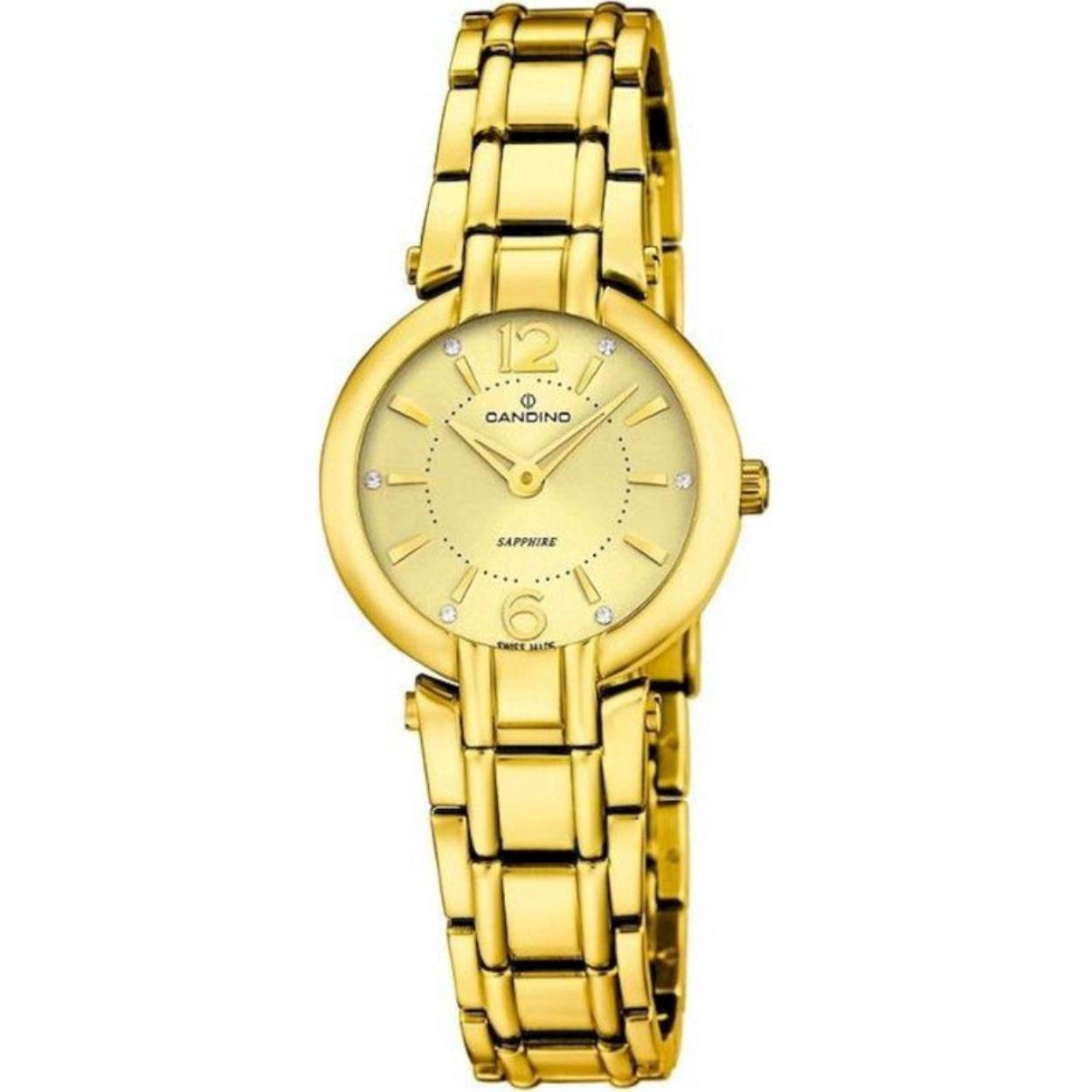 Model No : C4575-2 - EAN : 8430622602900 - Band materiaal : RVS - Coating : PVD-coating - Dikte kast : 6 mm tot 7 mm - Doelgroep : Dames - gewicht : 64 gram - Glas : Saffierglas - Kast diameter : 26 mm tot 30 mm - Kastvorm : Rond - Kleur band : Goud - Kleur horlogekast : Goud - Kleur wijzerplaat : Champagne - Materiaal kast : RVS - Brand : Candino - Ø mm : 27 - Sonstig : Bezet met steentjes - Tijd/Datum : Uren, minuten - Tijdsaanduiding : Analoog - Type sluiting : Vouwsluiting - Uurwerk : Quartz - Waterdicht : 5 ATM
