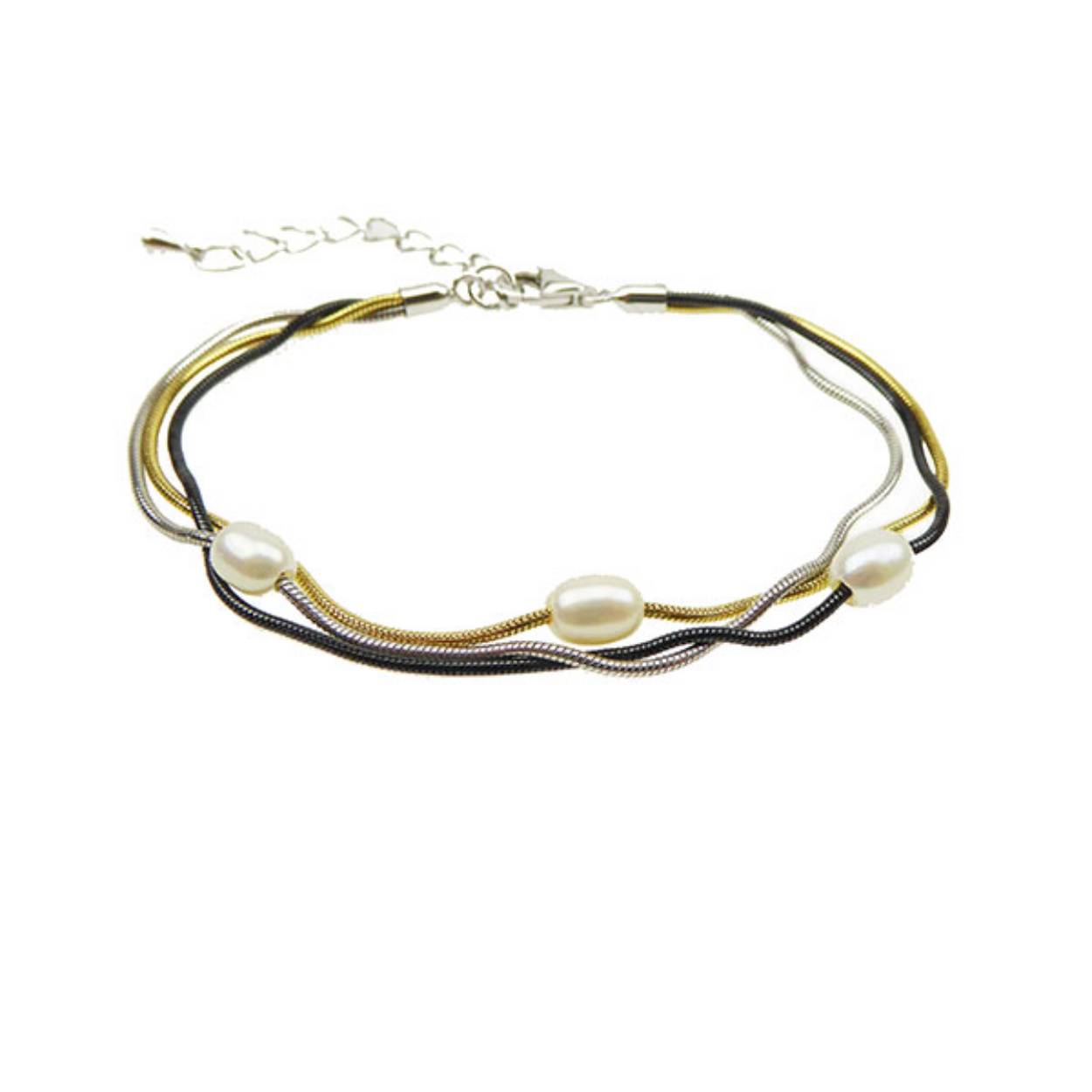 3 rijen & 3 gekleurde (zwartglans gerhodineerd en verguld) kettingontwerp gemaakt van 1,1 mm soepele / sterke slangkettingen met geïntegreerde zoetwaterparels.Alles afgewerkt in sterling zilver en armband met 4 cm verlengketting.