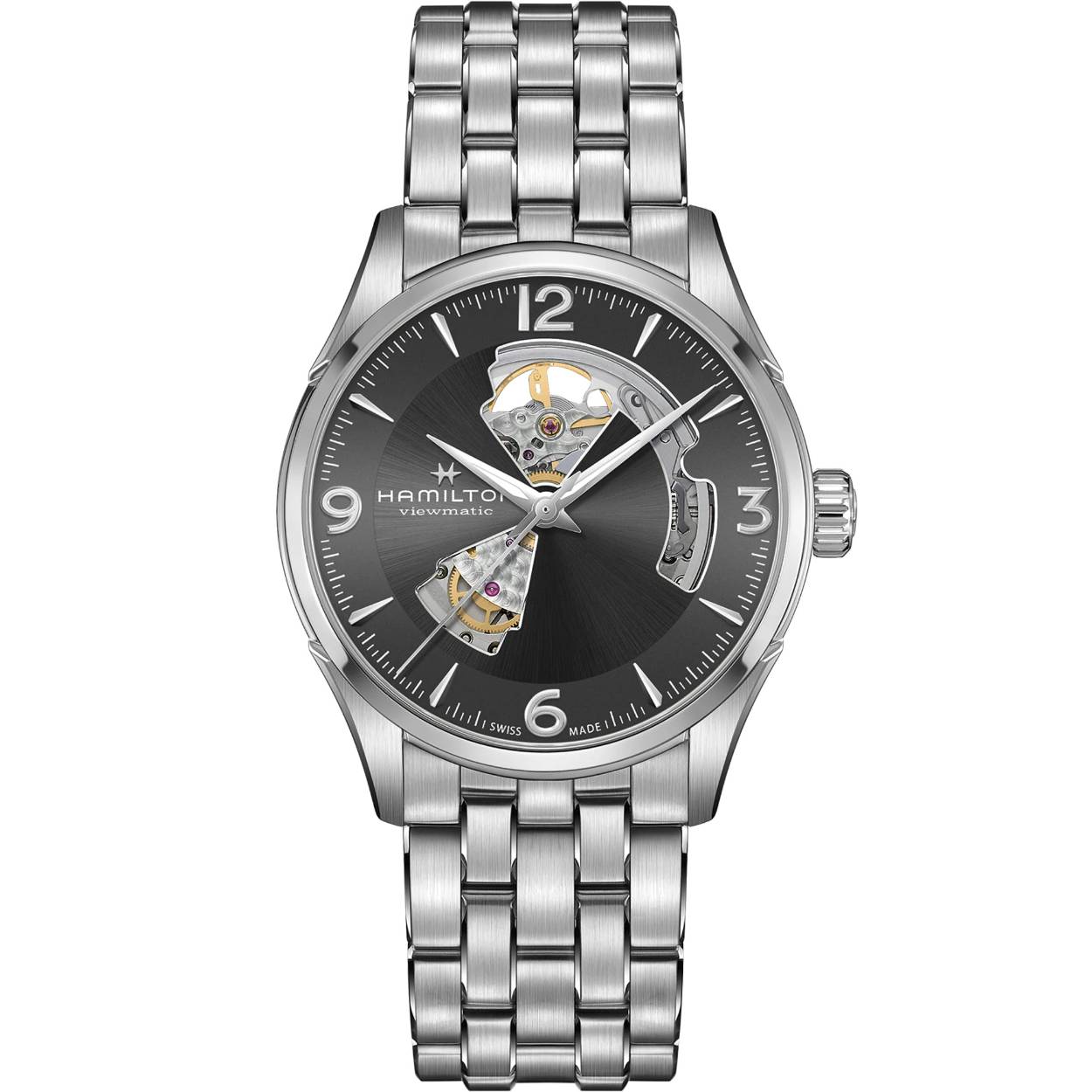 Automatic | 42mm | H32705181

Dankzij het ontwerp van de Hamilton Jazzmaster Open Heart wordt het bijhouden van de tijd een echt fluitje van een cent. Een blik op de wijzerplaat van het horloge laat een deel van het Zwitserse automatische uurwerk in actie zien - maar niet alles. Sommige dingen kunnen aan de verbeelding worden overgelaten - vooral wanneer ze gehuld gaan in weelderige kwaliteitsmaterialen met verfijnde designdetails.
