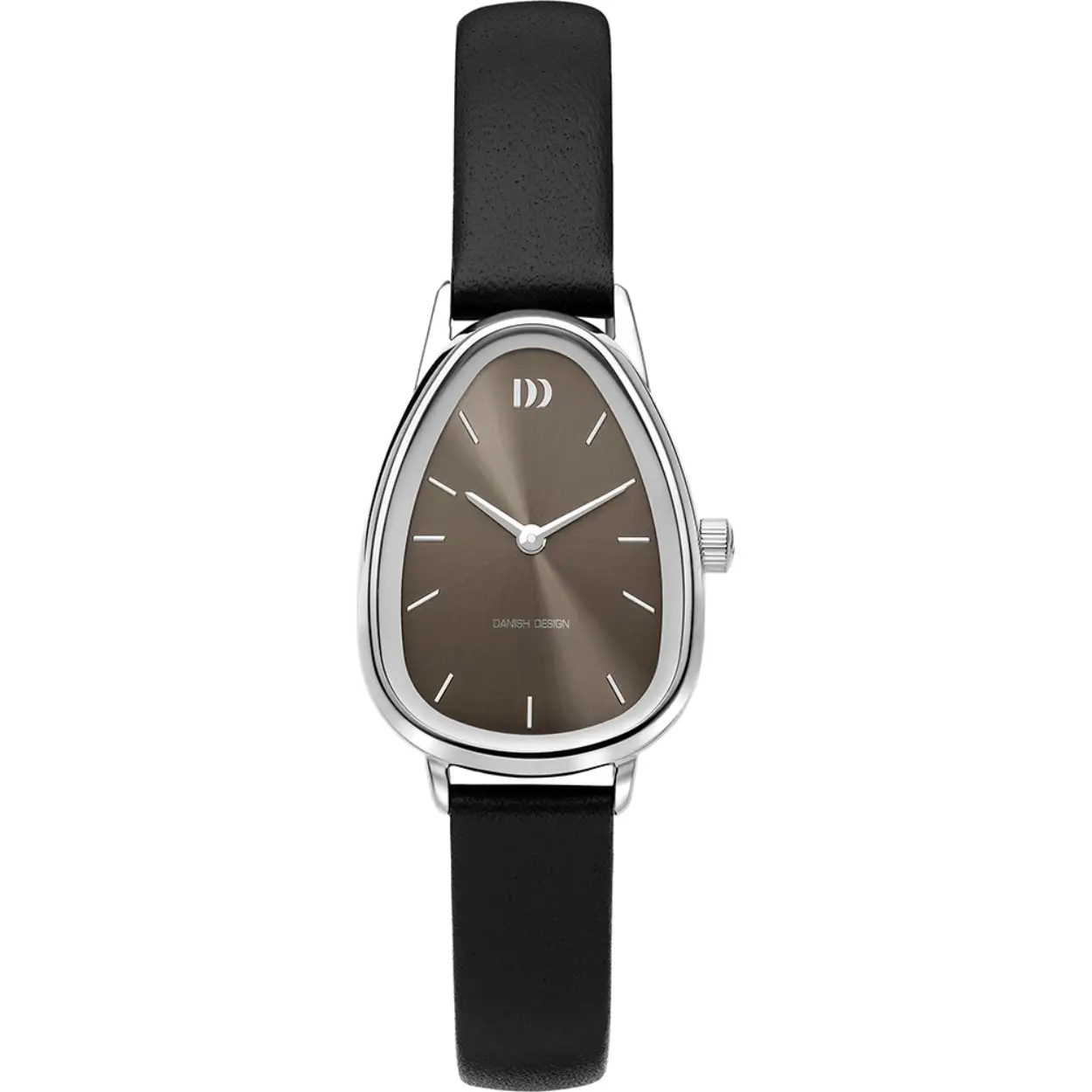 Stalen horloge met zwarte leren band en taupe wijzerplaat. 