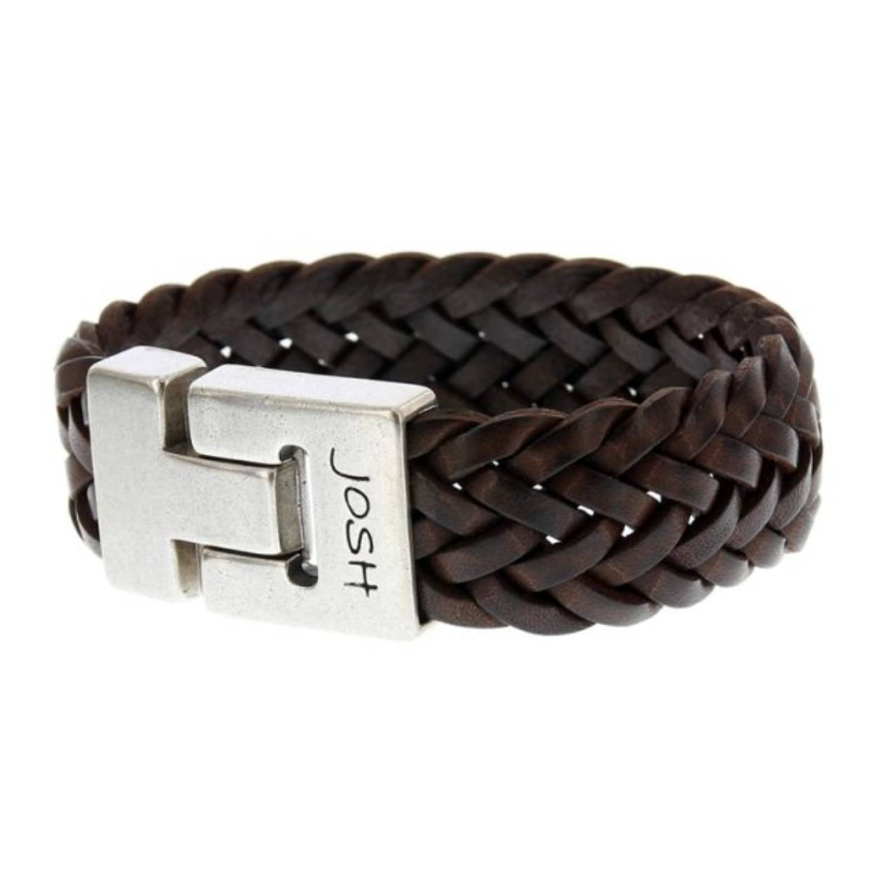 Josh armband leder verzilverd vlecht 24340-BRA-S-BROWN/L