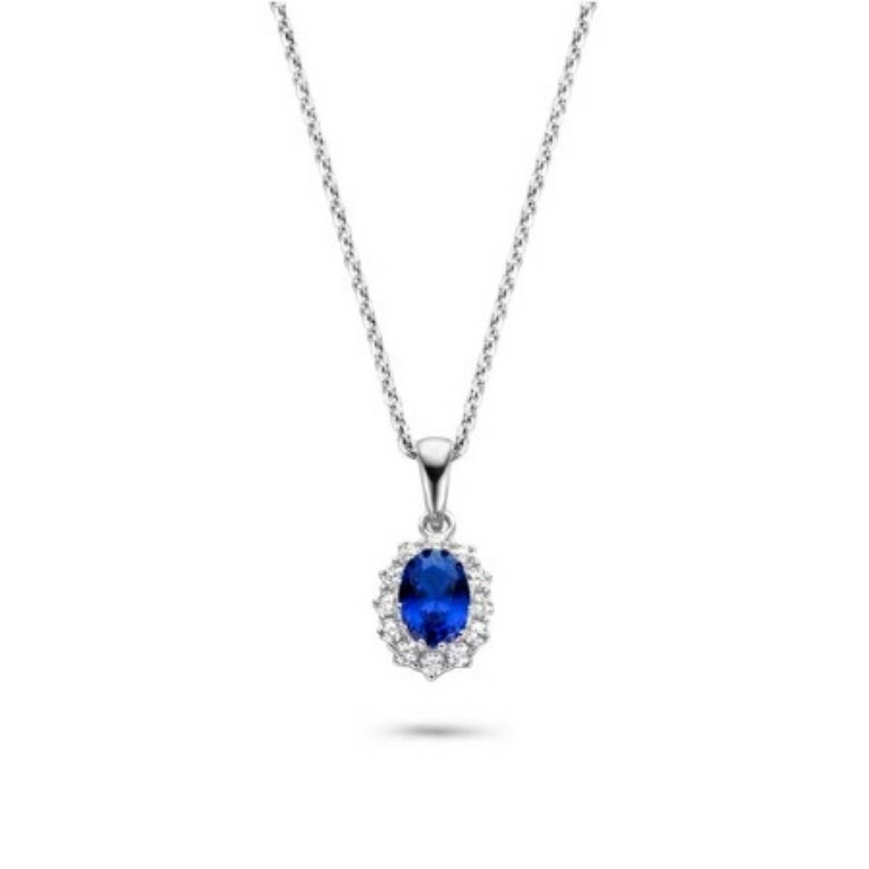 zilveren RdL collier, ovaal met blauw/wit zirconia