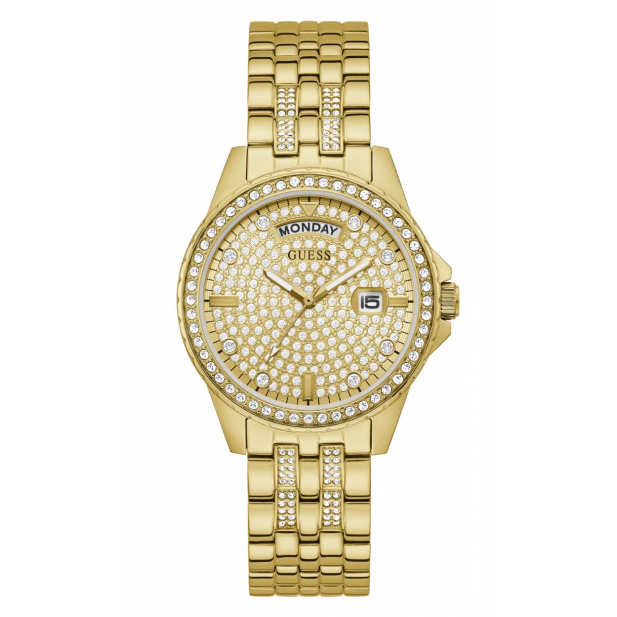 Dit dameshorloge uit de Lady Comet collectie van Guess heeft een zilverkleurige wijzerplaat en een zilverkleurige horlogeband. De wijzerplaat is voorzien van prachtige 196 kristallen en de goudkleurige band dat is opgebouwd uit schakels met 40 schitterende kristallen per kant. Verder is de lunet voorzien van 52 kristallen. De diameter van de horlogekast is 38 mm en de dikte 28 mm. Het horloge is voorzien van een vouwsluiting en heeft een waterdichtheid tot 3ATM