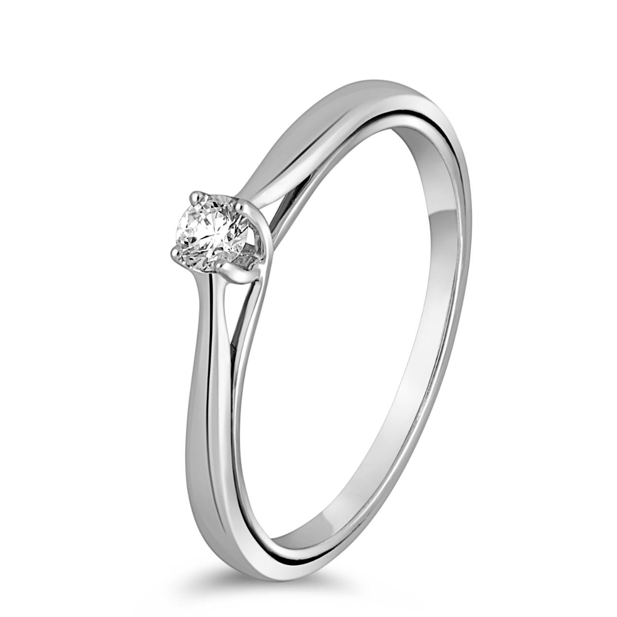 Deze prachtige 14k witgouden solitair diamanten ring, modelnummer GGA1959-53, is de perfecte keuze voor een verlovingsring. Met een briljant geslepen diamant van 0,10 karaat (SI1, kleur H), straalt deze ring elegantie uit. Draag hem solo voor een klassieke look of combineer met andere ringen voor een moderne twist. Nieuw en glanzend!
