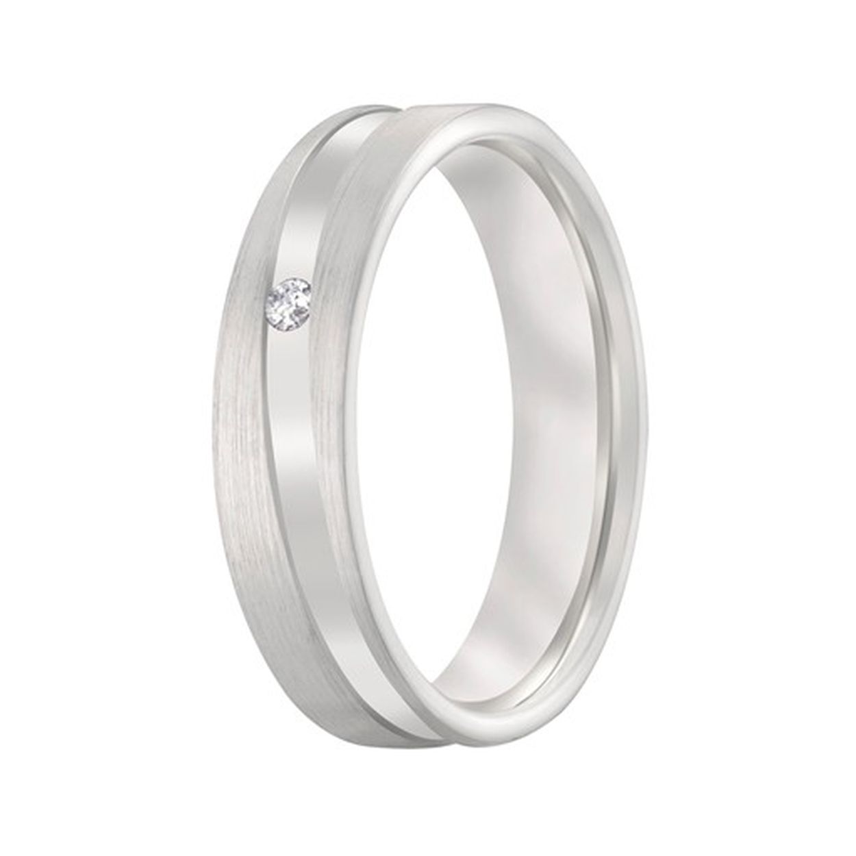 Een verlaagde diagonale lijn geeft deze ring een prachtige uitstraling! Onze diamantzetters hebben in deze lijn op elegante wijze een briljant geplaatst.