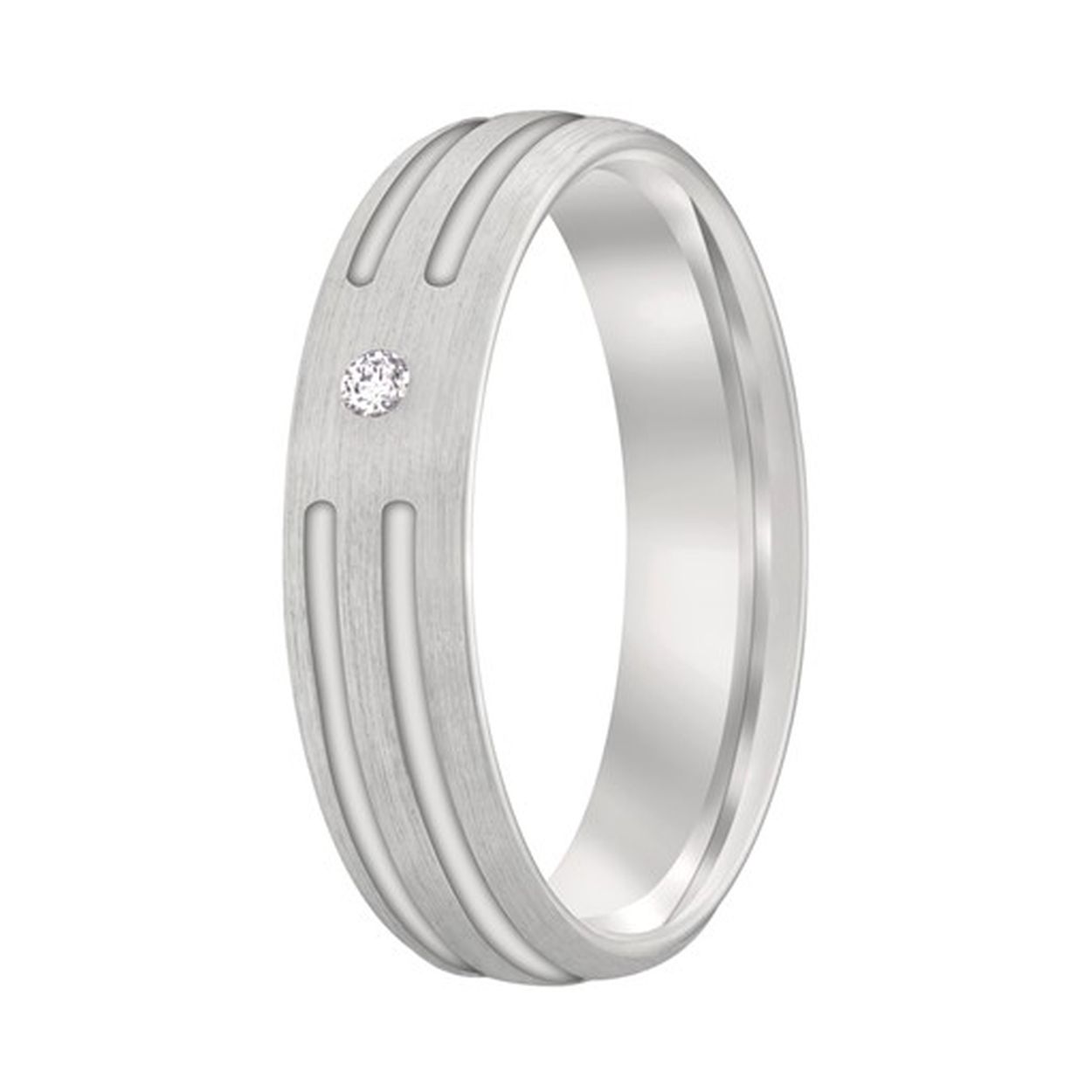 Mooi! Deze gematteerde zilveren ring is voorzien van twee bewerkingslijnen waartussen onze diamantzetters een briljant hebben geplaatst.