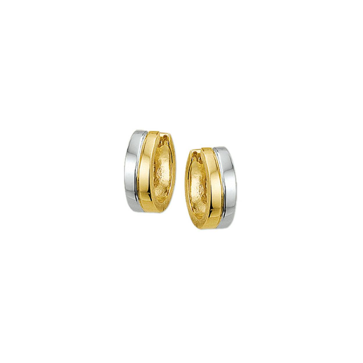14 karaats geel- witgouden klap oorringen 12 x 3.5 mm.
Deze oorringen zijn van een zware kwaliteit met een degelijke scharniersluiting.