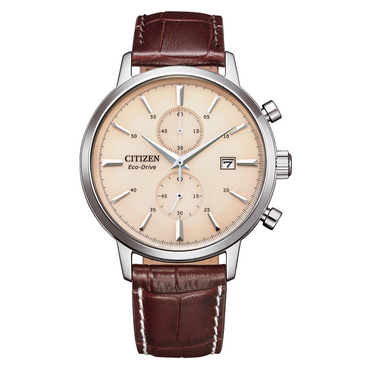 Citizen CA7061-26X herenhorloge. Een elegant en klassiek horloge met een edelstalen kast, een bruine leren band en een cremekleurige wijzerplaat met zilverkleurige accenten. Het horloge heeft een chronograaf functie, een datum aanduiding, gehard mineraal glas en is 5 atm waterdicht.
Dit Citizen horloge is voorzien van Eco-drive techniek, waardoor u nooit meer een nieuwe batterij hoeft in te zetten. De accu in het horloge wordt opgeladen door lichtinval op de wijzerplaat.