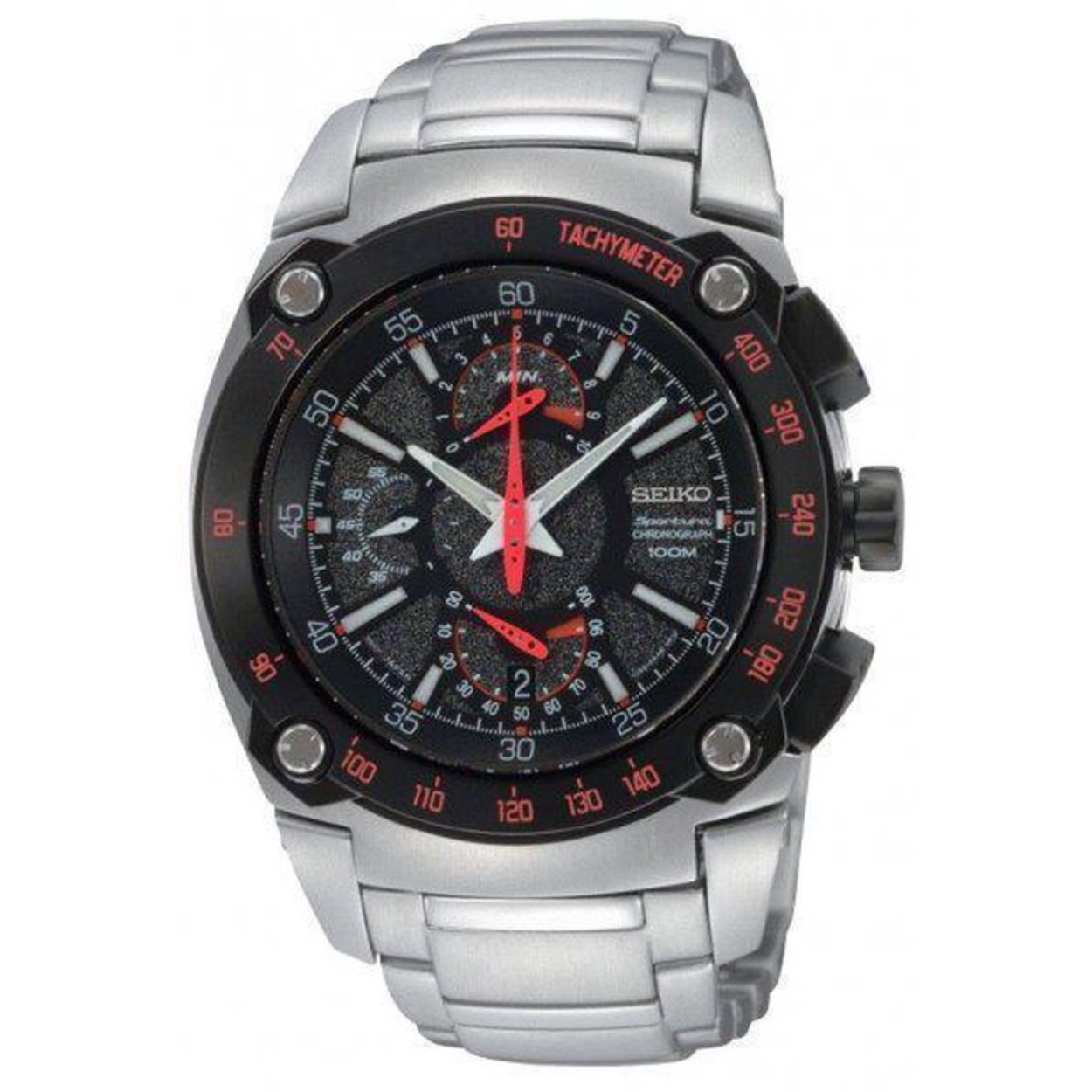 Stalen Seiko herenhorloge type Spotura. Dit horloge heeft een zwarte wijzerplaat, is 10 atm waterdicht en heeft een saffier glas. Het quartz uurwerk heeft een datumaanduiding en een chronograaffuntie.