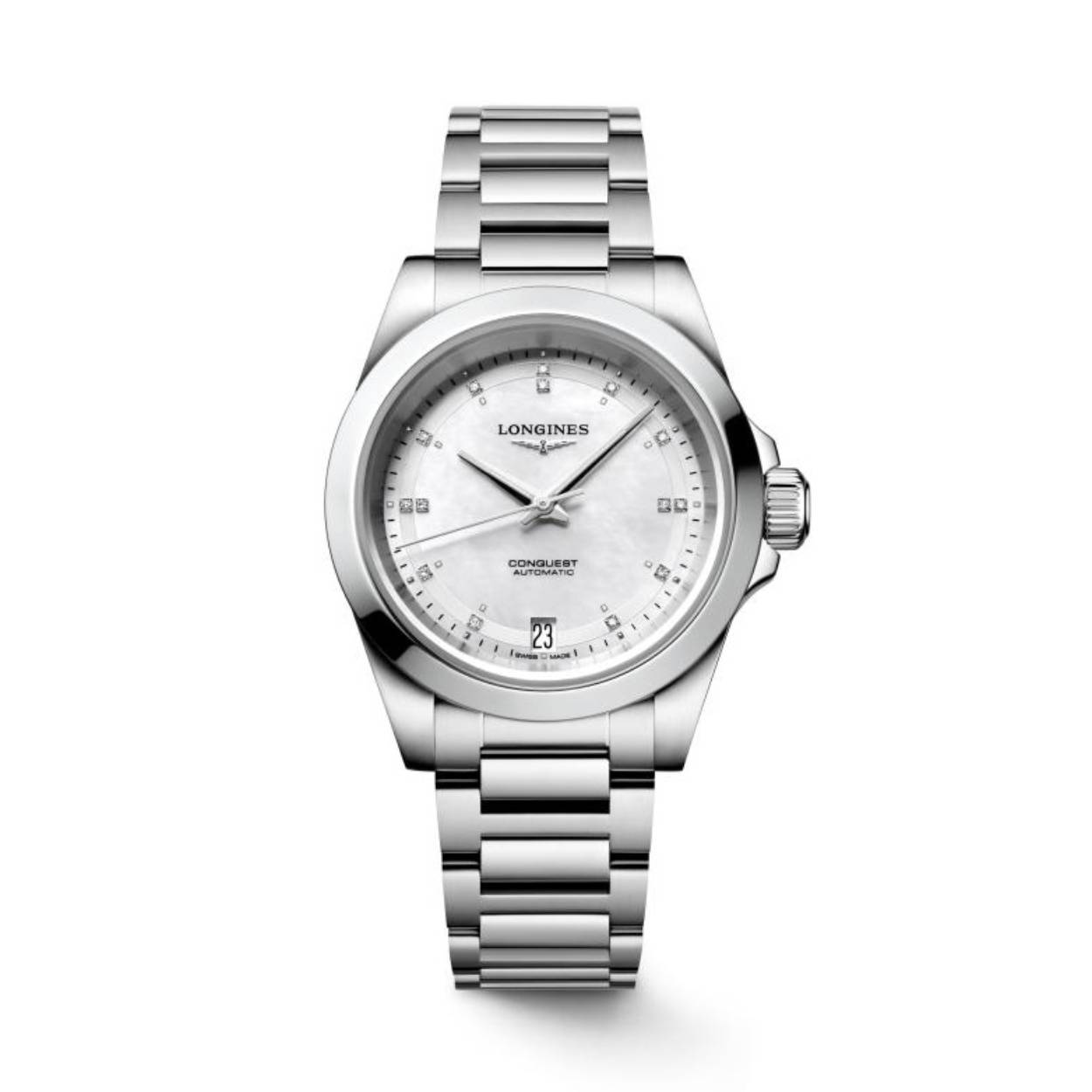 De Longines Conquest L34304876 is een stijlvol dames horloge met een robuuste roestvrijstalen kast en armband. Het horloge is voorzien van een krachtig quartz uurwerk en heeft een waterdichtheid tot 30 meter. De parelmoer wijzerplaat met diamanten zorgt voor een chique uitstraling. Draag dit horloge bij formele gelegenheden of casual outfits voor een tijdloze look.