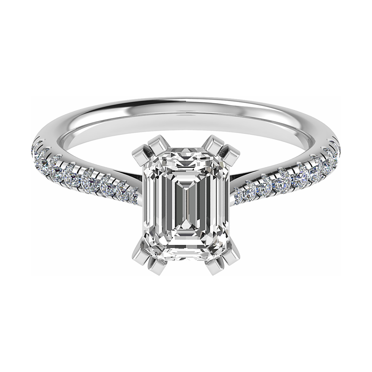 14k gouden ring met een 1,00 caraat emerald cut lab grown diamant. midden lab diamant is 1,00 caraat met d kleur en een VS 1 helderheid. zijde diamanten hebben totaal 0,25 caraat. 