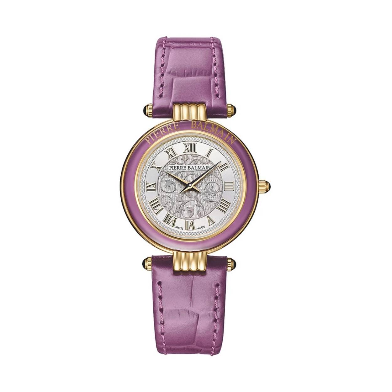 Lilla kleurige Balamin horloge met een witte wijzerplaat en goudkleurige accenten.