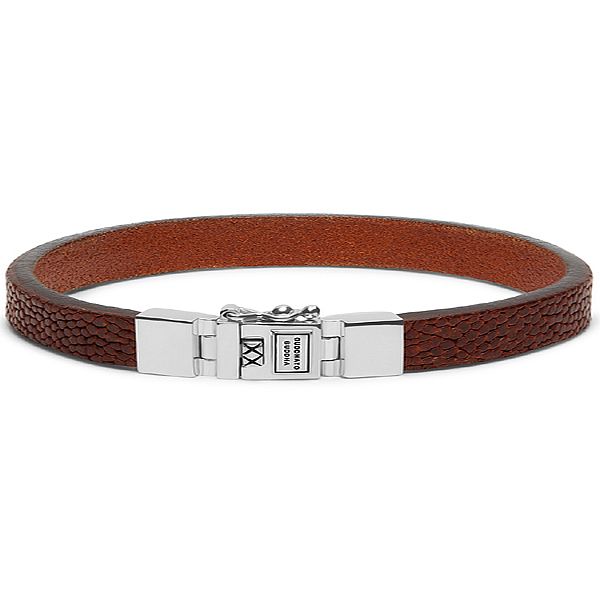 Buddha To Buddha cognac bruin bewerkt leren armband met zilveren baksluiting en veiligheidsachtje. Model: 186CO-Texture Cognac-F