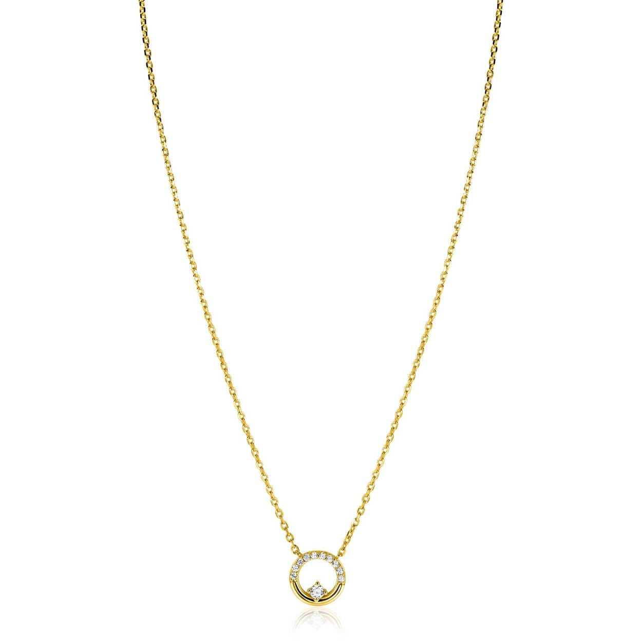 ZINZI gold plated zilveren ketting met ronde open hanger (12mm), afwisselend creatief bezet met witte zirkonia's. De lengte is te variëren tussen 42 en 45cm. De ketting is vervaardigd van eerste gehalte zilver (925) en extra geel verguld.