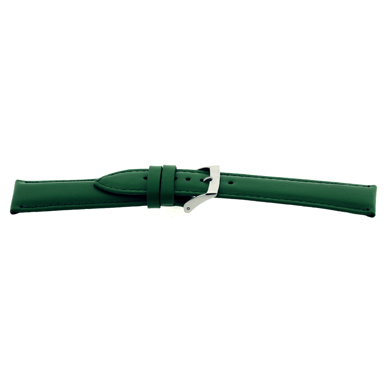 Groen lederen horlogeband licht gevuld met zilverkleurig edelstalen gesp.
Kleur band: Groen
Band dikte: 3.8mm
Band lengte: 75/115mm 
Band breedte: 18x16mm
Gesp: Stainless steel
Bekleding binnenband: Nubuck
Gestikt: Ja, dezelfde kleur als de band. 
Pushpin: Exclusief
Hypo allergisch: Ja
EAN:4786400626182