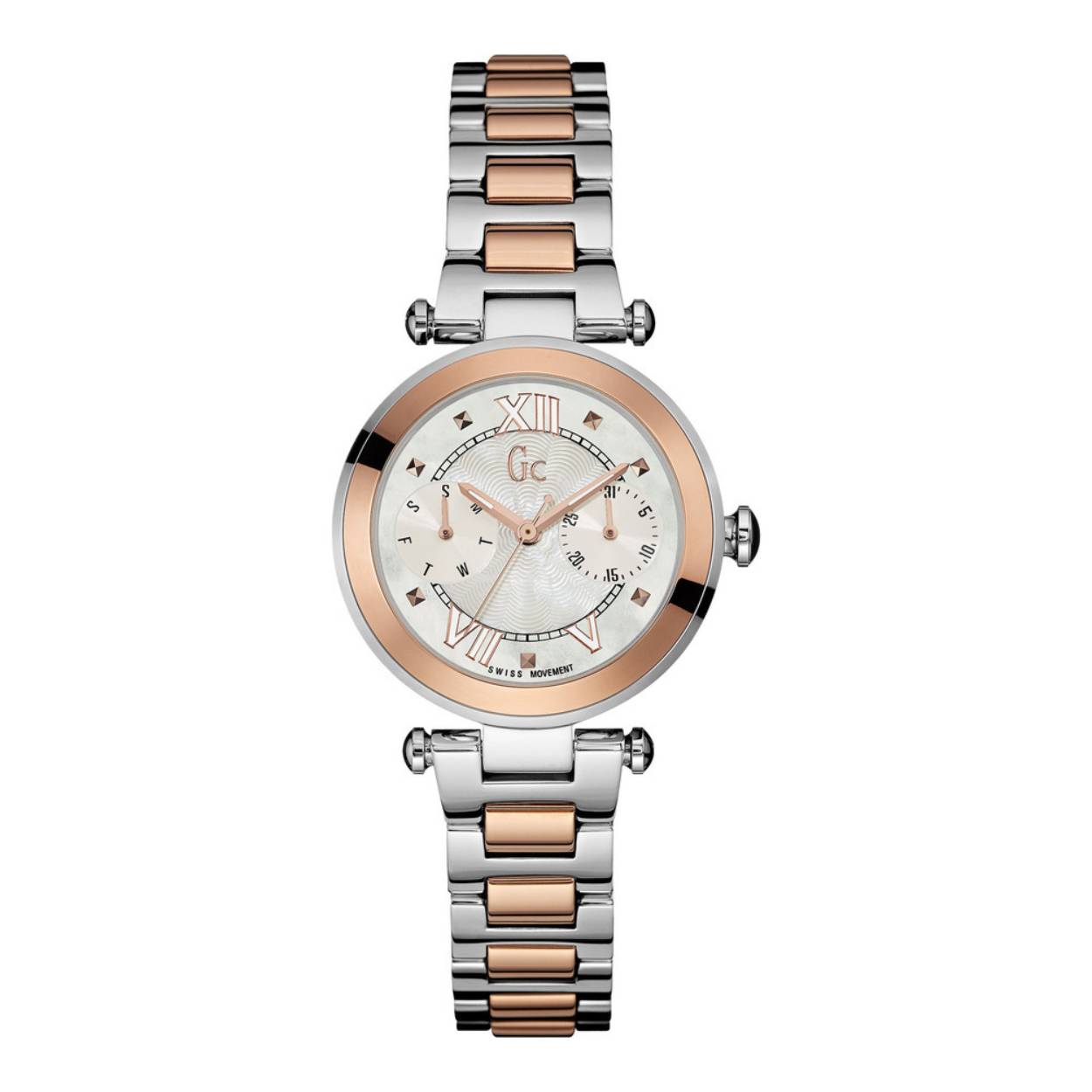 Het bicolour dames horloge uit de Gc LadyChic Collection  is een mix tussen sportief en klassiek en heeft een luxueuze uitstraling. De crossover tussen fashion en sport zien we steeds meer terug in het modebeeld. De rosegouden lunet op de kast van 32 mm contrasteert mooi bij het rose in de stalen band. Het horloge is tot 100 ATM waterdicht en heeft een vouwsluiting. Model: Y06002L1MF
