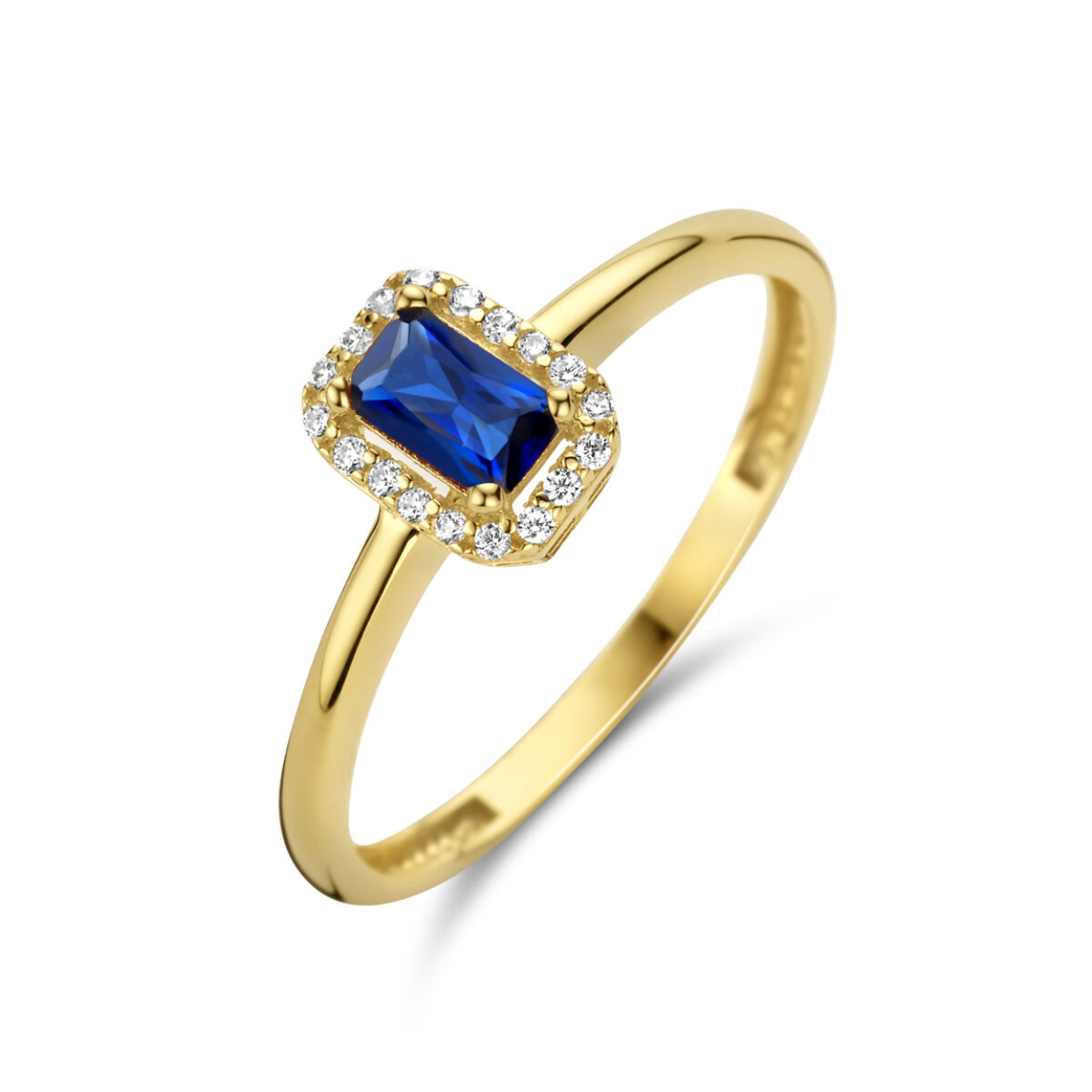 14k Geelgouden ring uitgevoerd met schitterende saffier en zirkonia. De ring heeft een breedte van 7.5mm.