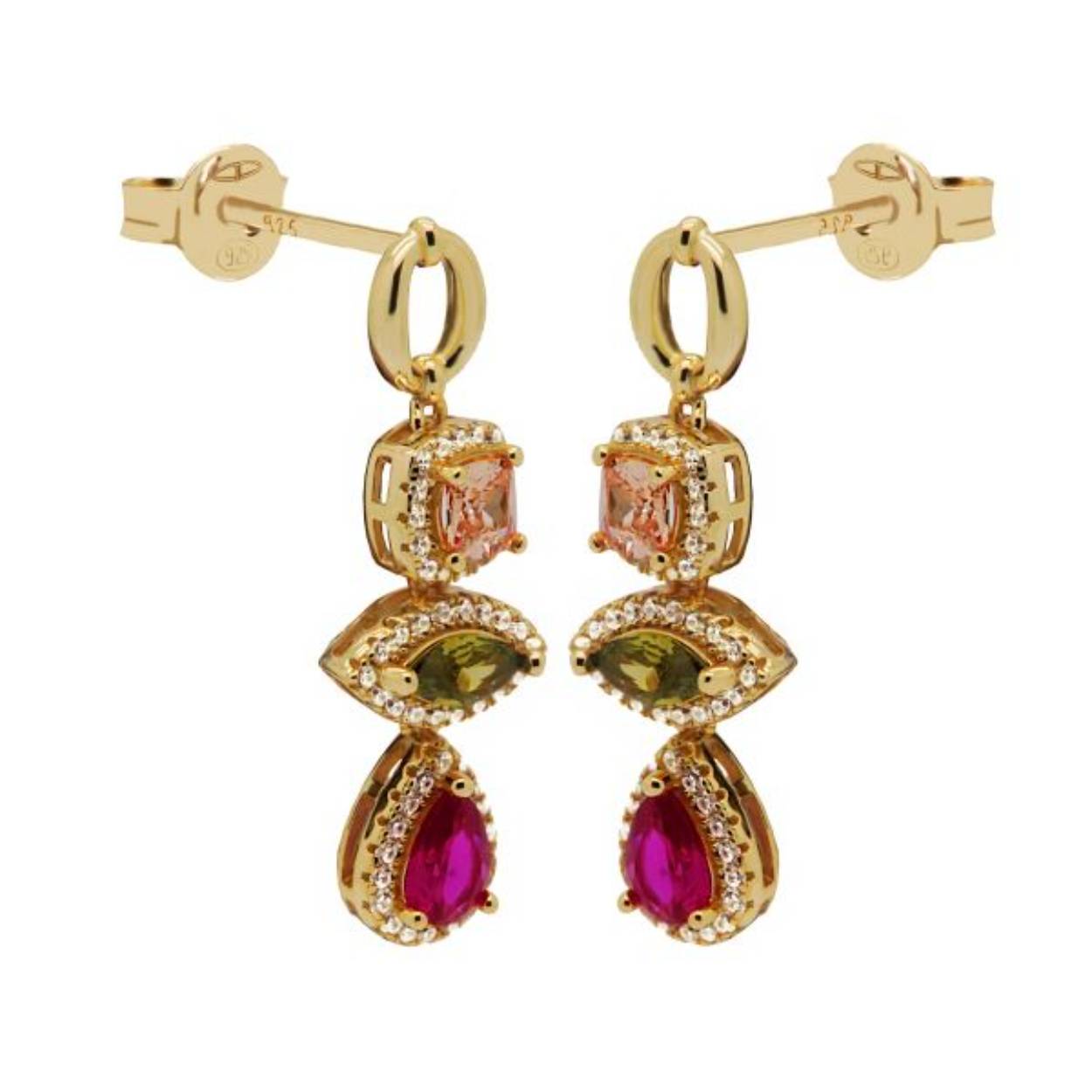 Zilver vergulde oorhangers van het merk Karma. Dit zijn onze AUTUMN SPICE oorbellen. Deze kleurrijke oorbellen hebben drie verschillende soorten kleuren zirkonia steentjes. 