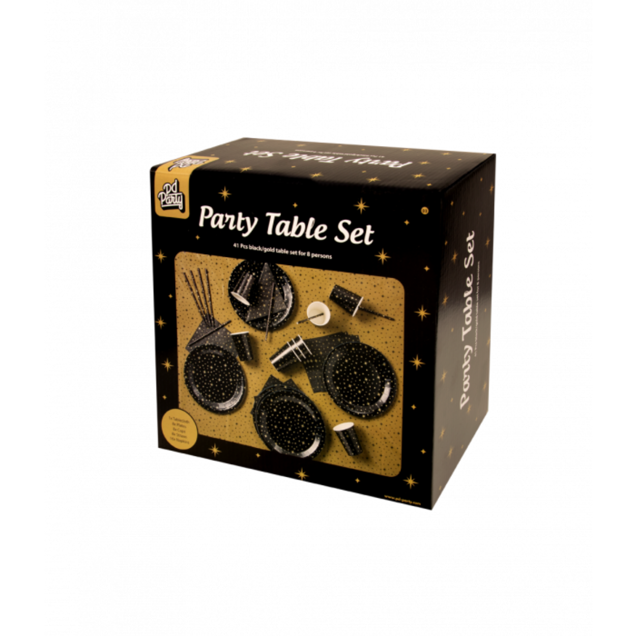 Feestelijk dineren wordt pas echt feestelijk met deze leuke Table sets van Paper Dreams. Met deze tafelset kan een tafel extra feestelijk worden aangekleed en de gebruikte kleuren black/gold geven het geheel een chique tintje. Deze tableset black/gold bestaat uit een tafelkleed, 8 bekers, 16 servetten, 8 borden en 8x rietjes en ze worden verkocht per 8. Naast black/gold zijn de tafelsets ook te verkrijgen in de kleuren gold/white en rose/black. De table sets worden geleverd in een leuke box zodat u ze direct leuk in de winkel kunt presenteren.