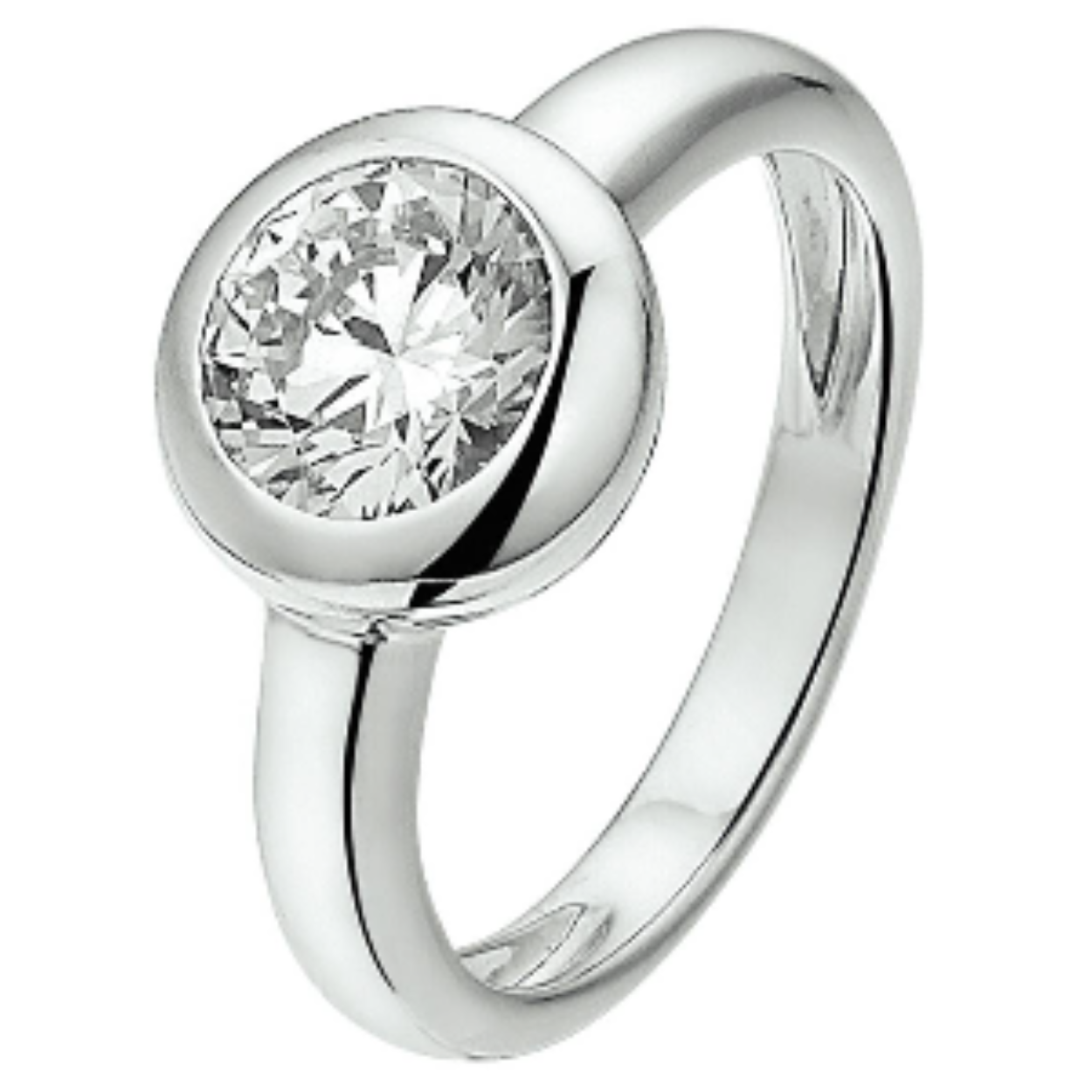 Gerhodineerd zilveren ring van 10mm breed en uitgevoerd met een briljant geslepen zirkonia in een zetkast. 