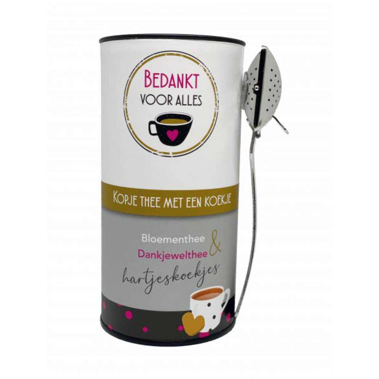 De warmte van Thee met een lekker Koekjes; met zorg gemaakt, met liefde aan iemand gegeven!
Inhoud per koker:
- 2 zakjes met ieder 20gram thee
- 40 gram hartjeskoekjes
- theeleutlepel zilverkleurig
Van iedere theeverpakking kun je heel gemakkelijk meerdere kopjes heerlijke thee zetten!