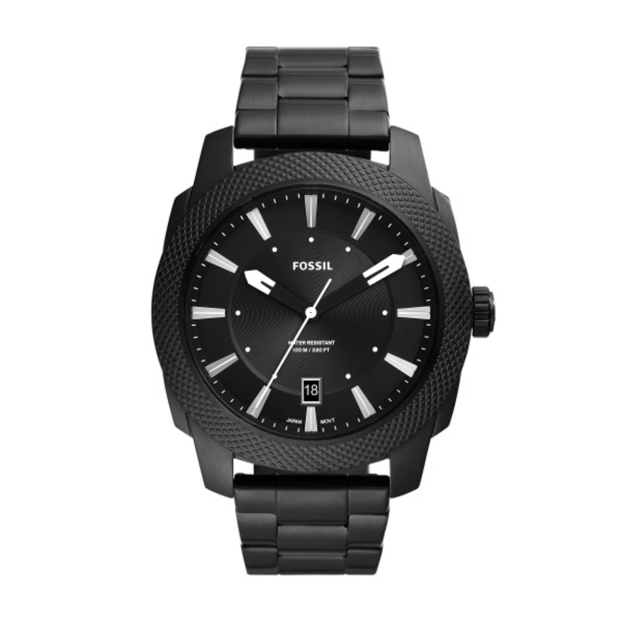 Machine drie wijzer datum zwart roestvrij stalen horloge.
