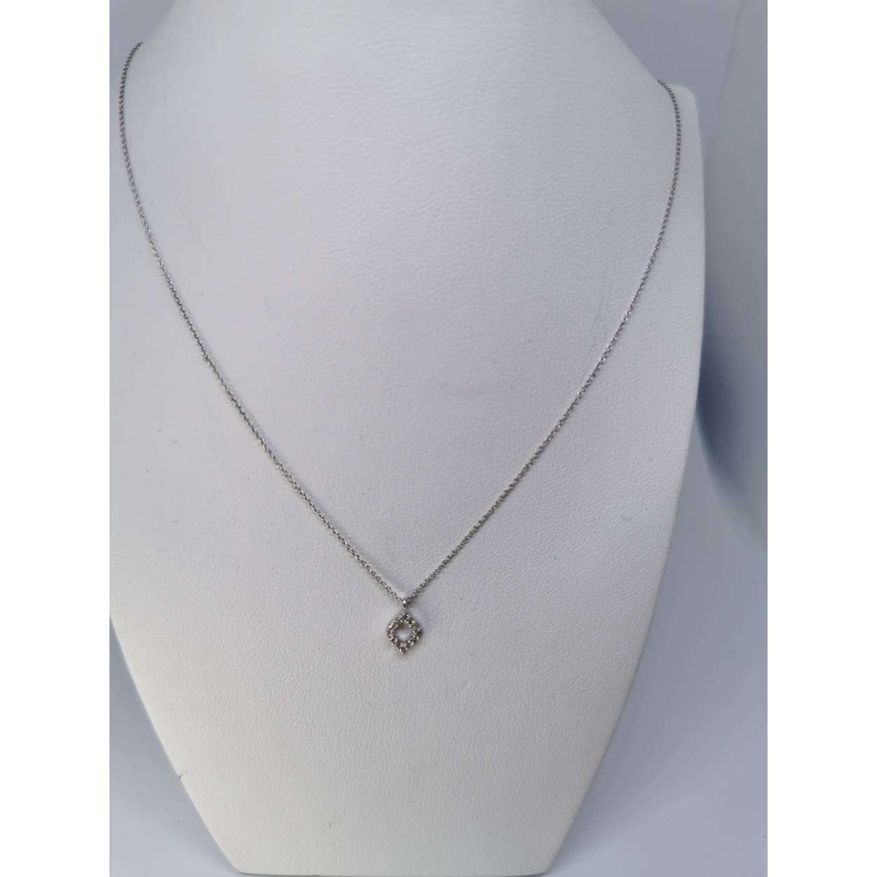 18 karaat wit gouden collier met fantasie diamanten hanger.

Soort: Diamant
Slijpvorm: briljant
Karaat: 0.06
Helderheid: VS1
Kleur: G
Aantal: 1