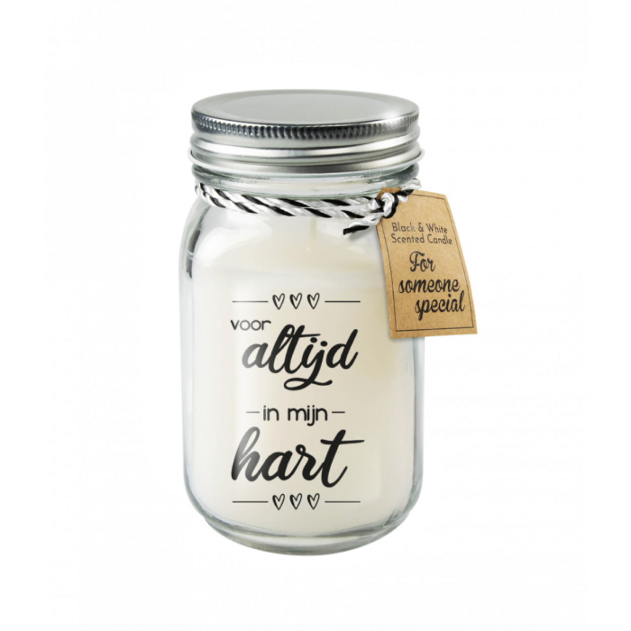 Deze black and white scented candle met tekst Voor altijd in mijn hart is verkrijgbaar in een mooie glazen pot, bevat 340 gram kaarsvet en heeft hierdoor ongeveer 80 branduren.