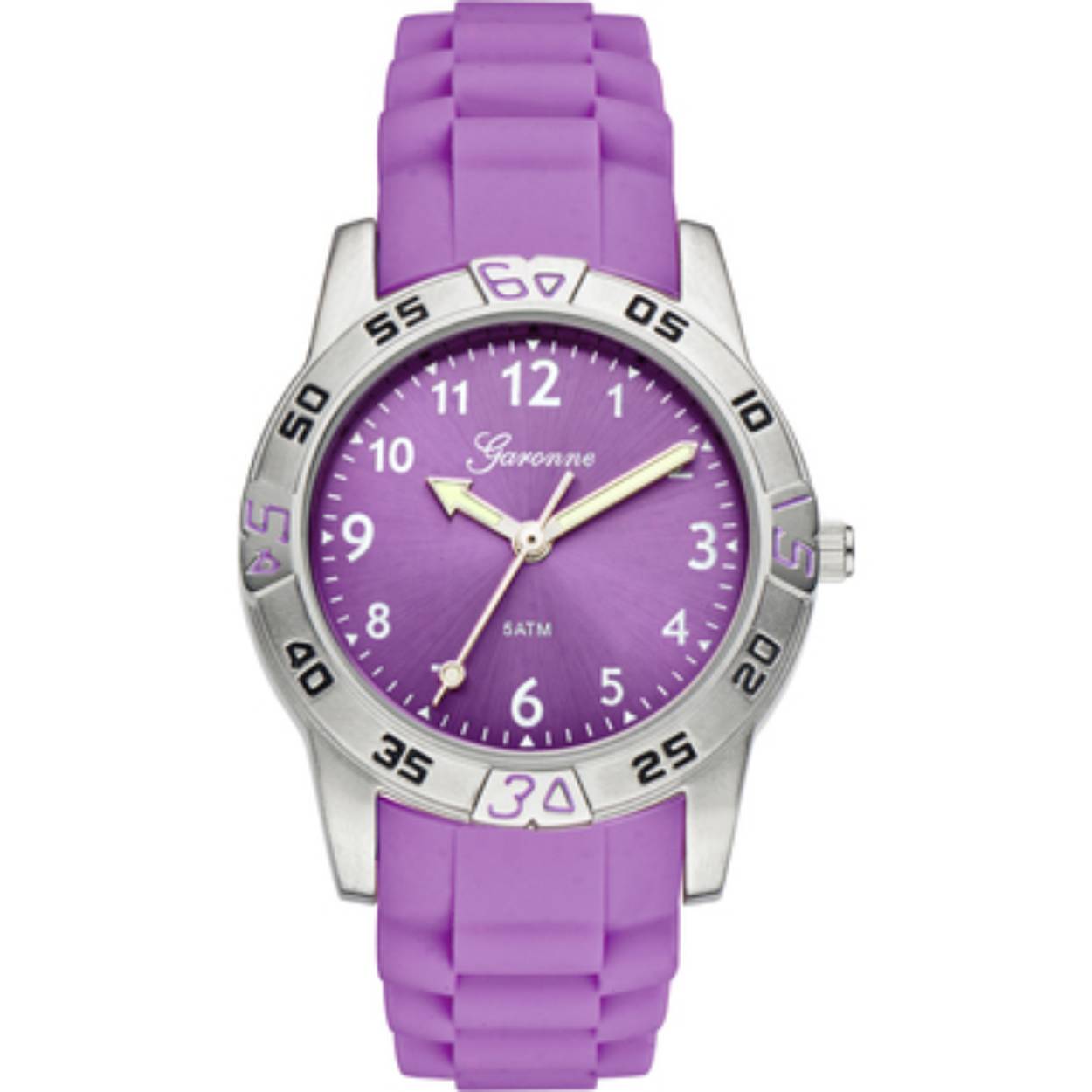 Vrolijk vormgegeven KINDERHORLOGE uit de GARONNE kidscollectie. Het vrolijke horloge is voorzien van een ZILVERKLEURIGE, stalen kast met een afmeting van 33 mm met PAARSE wijzerplaat waarop wijzers en index. De PAARSE, siliconen horlogeband sluit door middel van een gespsluiting.