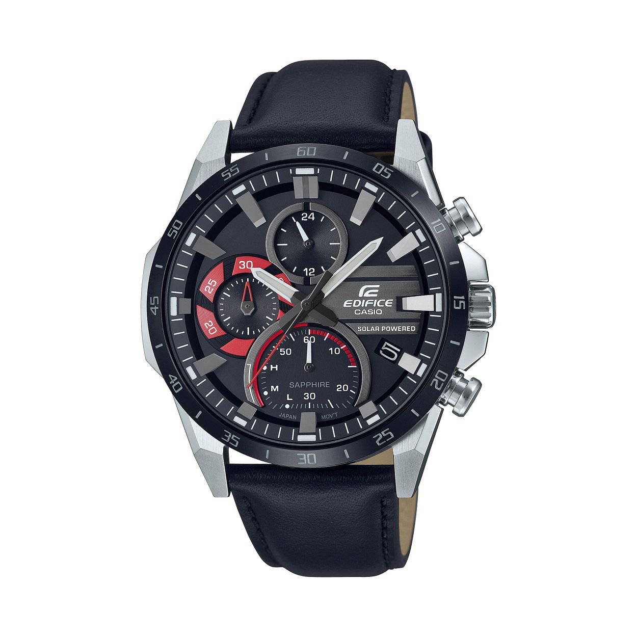 Dit is een Casio horloge uit de collectie EDIFICE Premium. 
Dit horloge heeft de volgende specificaties: 

Kast: 
Kastmateriaal: Massieve roestvrijstalen kast
Kasthoogte: 49.5 mm
Kastbreedte: 45.5 mm
Kastdikte: 12.2 mm

Band: 
Sluiting: Gesp

Overige specificaties: 
Gewicht: 74 gram
Glassoort: Saffierglas
Waterdichtheid: Classificatie waterbestendigheid (10 bar)
Indicator batterijcapaciteit
Datumweergave
Neo-display
Lichtenergie
Stopwatchfunctie - 1/1 sec. - 30 min.
Verschroefde horlogekastbodem
Batterij: TS920E
ACCURATIE: +/- 20 sec
