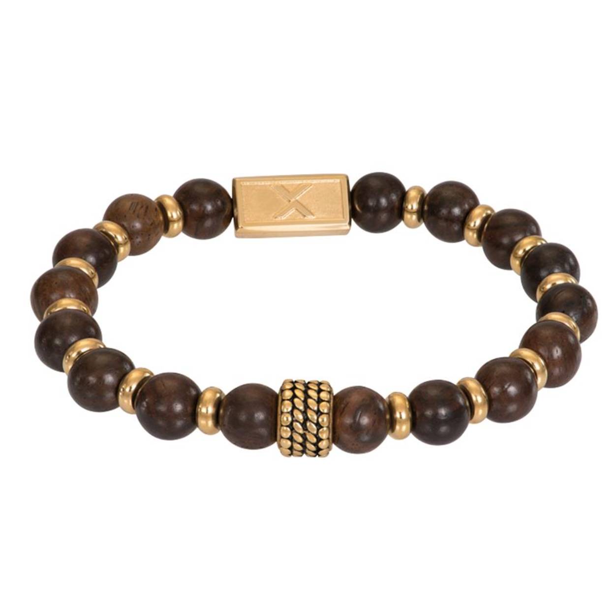 De iXXXi MEN armband Steff bestaat uit een combinatie van stainless steel in de kleur goud en donkerbruin kleurige houten kralen. De kralen hebben een eigen kleurdesign en de armband is voorzien van een aantal goudkleurige stalen details. In het midden van de armband bevindt zich een rechthoekig detail met een 'X' erop gegraveerd.

De iXXXi heren armband Steff is door middel van elastiek gemakkelijk te dragen. Mix en match met verschillende armbanden uit de iXXXi MEN collectie en maak zo jouw look compleet!