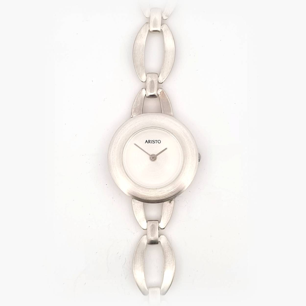 Sterling silver 925. Schakelband, gesatineerd, Wijzerplaat verzilverd Aristo 9D59 rond geen index,  geheel mat zilver