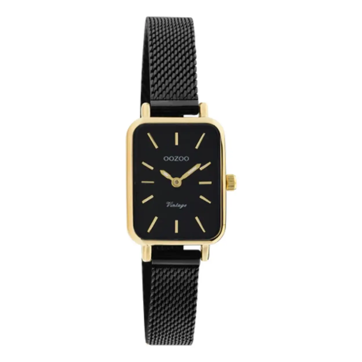 De klassieke look blijft centraal staan in deze trendy serie en daarom is dit OOZOO vintage rechthoekig design met een speelse knipoog dé musthave van het seizoen! Dit dames horloge is de perfecte combinatie van comfort en fashion met zijn 26mm x 21 mm goudkleurige metalen horlogekast en zwarte wijzerplaat. De wijzerplaat heeft goudkleurige strepen tijdsaanduidingen en goudkleurige kleurige wijzers. De goudkleurige glanzend metalen mesh armband maakt dit horloge tot een trendy accessoire dat je elke dag kunt dragen. Dit horloge voegt de sprankeling toe aan je outfit. Het mineraalglas ligt in een 6,9 mm dunne metalen horlogekast met IP-plating. De C20269 heeft een stainless steel achterplaat en is nikkel-safe. Dit horloge heeft een 2ATM Japans uurwerk en wordt gedekt door een garantie van 2 jaar 