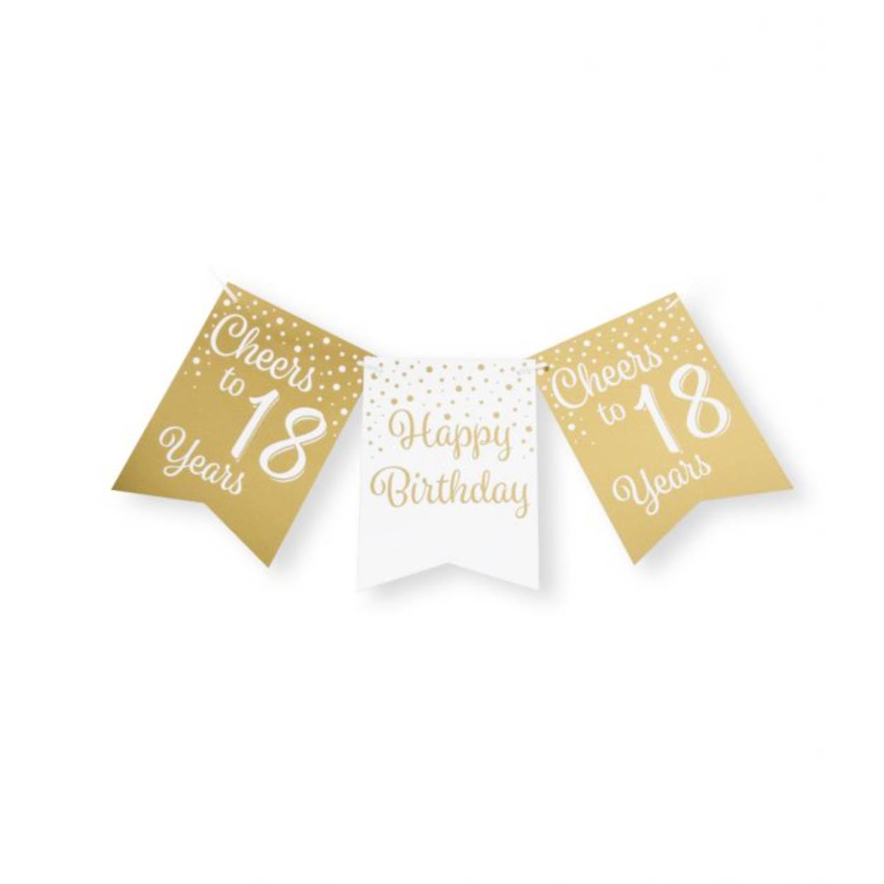 De goud/wit party flag banners maken goede sier op een feestje zoals bijvoorbeeld een jubileum, maar ook op een verjaardagsfeest zoals deze rose/black party flag banner met opdruk 18. Door de gebruikte kleuren hebben deze flag banners een luxe maar toch feestelijke uitstraling! De vlaggetjes zijn gemaakt van folie met een bedrukking aan beide kanten 