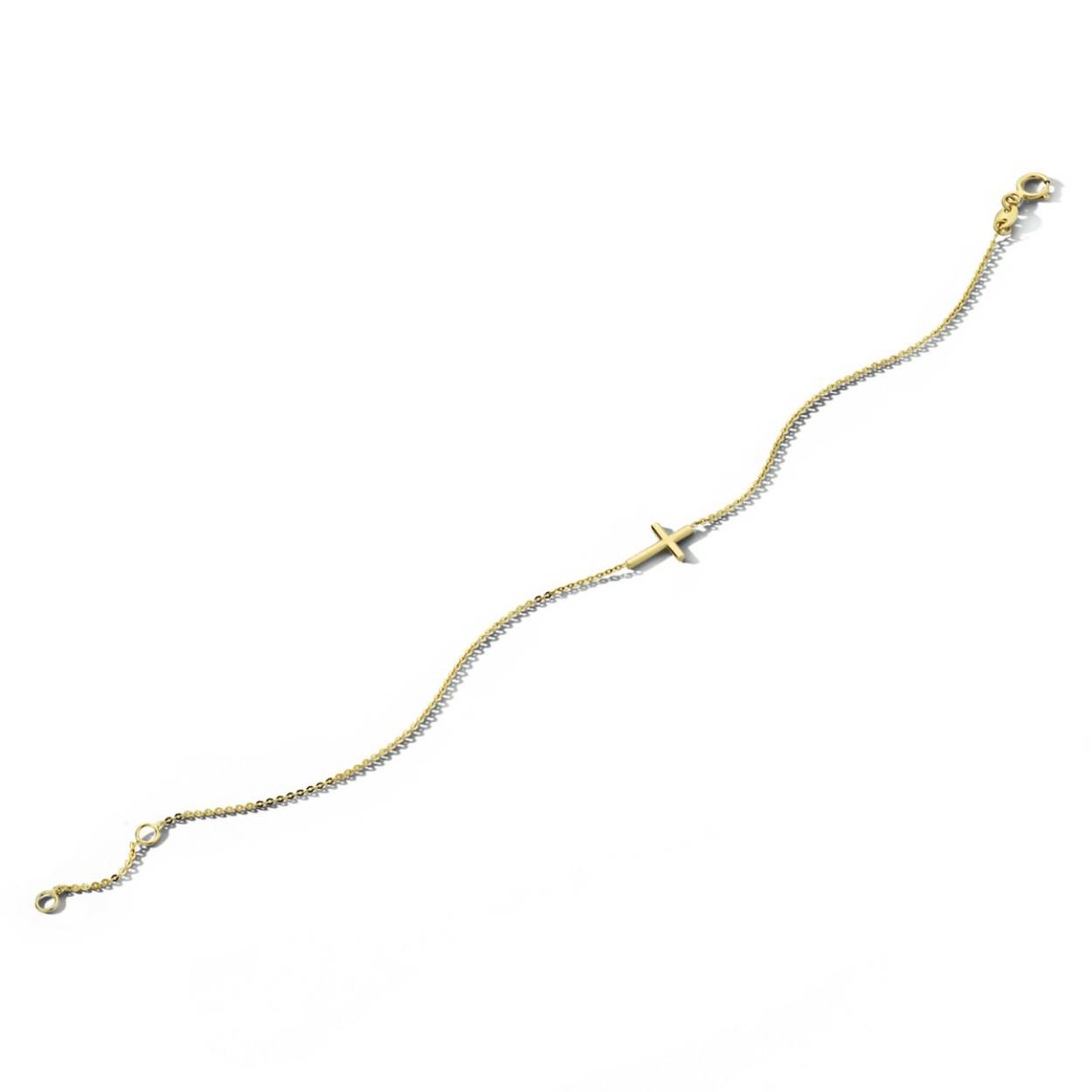 14k Geelgouden armband uitgevoerd met een kruisje. De armband heeft een draaglengte van 16.5cm met een extensie van 2cm.

