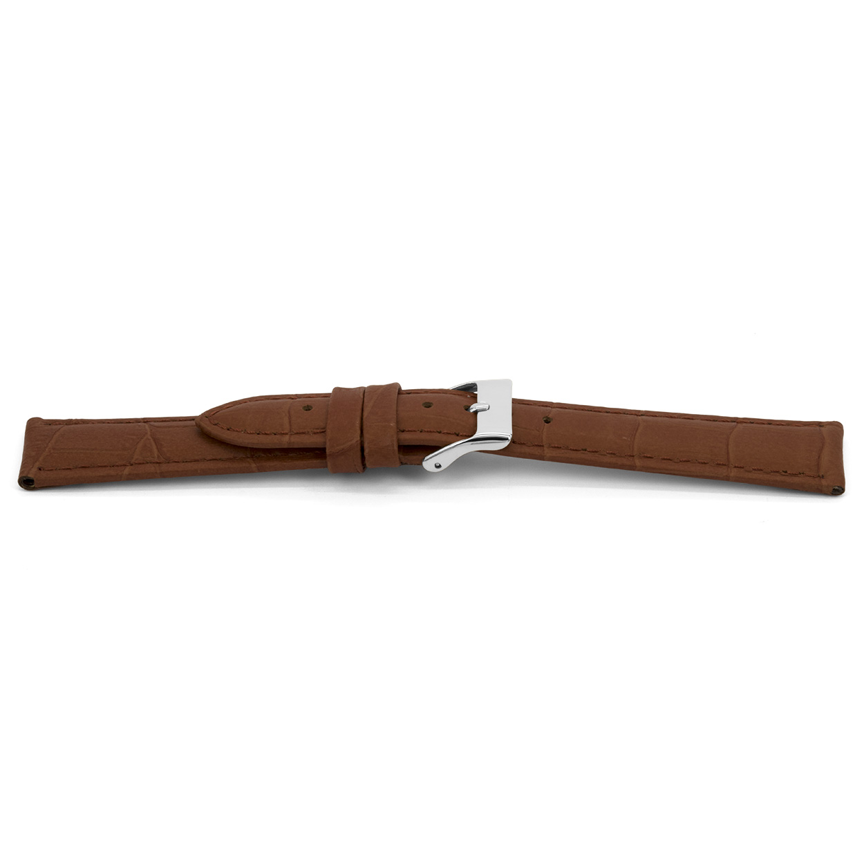 Bruin lederen horlogeband met zilverkleurig edelstalen gesp.
Kleur band: Bruin
Band dikte: 3.3mm
Band lengte: 70/105mm
Band breedte: 12x10mm
Gesp: Stainless steel
Bekleding binnenband: Nubuck
Gestikt: Ja, dezelfde kleur als de band. 
Pushpin: Exclusief
Hypo allergisch: Ja