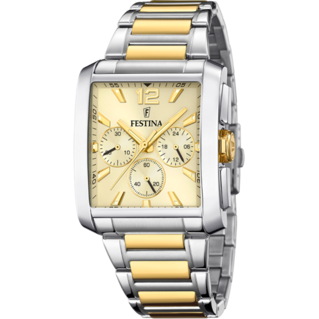 Festina horloge met goud- zilverkleurige stalenband
Het horloge heeft een goudenwijzerplaat met datumaanduiding
5 ATM waterdicht