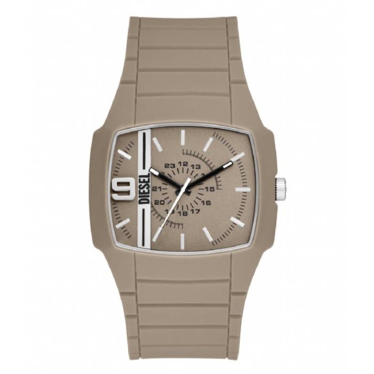 Dit horloge is gemaakt van hoogwaardig siliconen en heeft een fijne gespsluiting waarmee je het item met gemak om en af kunt doen. De kast heeft een diameter van 45 millimeter en is beige. Het horloge heeft een vierkante vorm en een uurwerk van quartz. De analoge tijdsweergave zorgt ervoor dat je de tijd altijd duidelijk kunt aflezen. De horlogeband heeft een breedte van 28 millimeter en past perfect bij dit stoere Cliffhanger 2.0 DZ2167 horloge van Diesel.