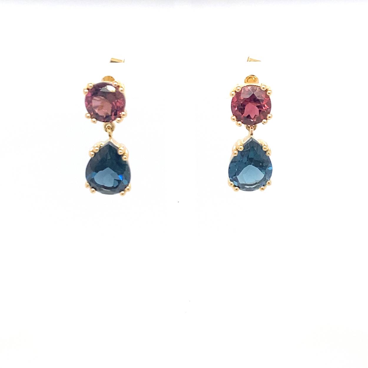 8krt geelgouden oorbellen met londonblue topaas en rose toermalijn