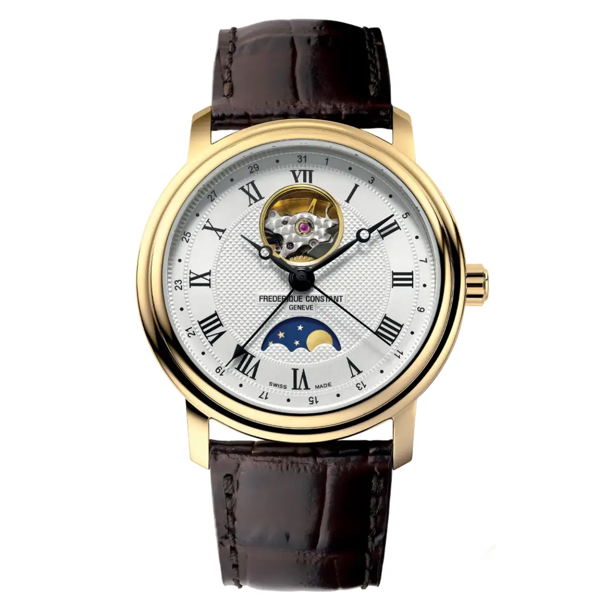 Frederique Constant classics automatisch uurwerk met moonphase en datumaanduiding. Gold plated, bruine kalfslederen band en saffierglas.