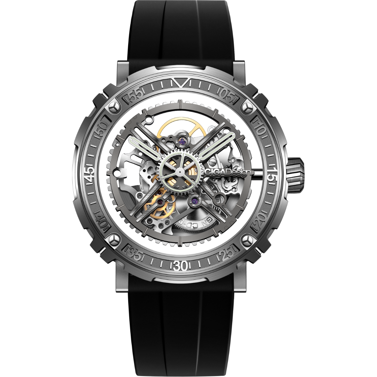 M-serie Magician automatisch mechanisch polshorloge (3 in 1). Dit CIGA Design horloge heeft een kast gemaakt van Staal zilver met een diameter van 45 mm en is voorzien van een Rubber band. In de kast bevindt zich een Seagull kwaliteitsuurwerk en is afgewerkt met Saffierglas.

Het horloge is 3ATM. Dit betekent dat het horloge spatwaterdicht is.. Verder wordt het horloge geleverd met 2 jaar garantie.