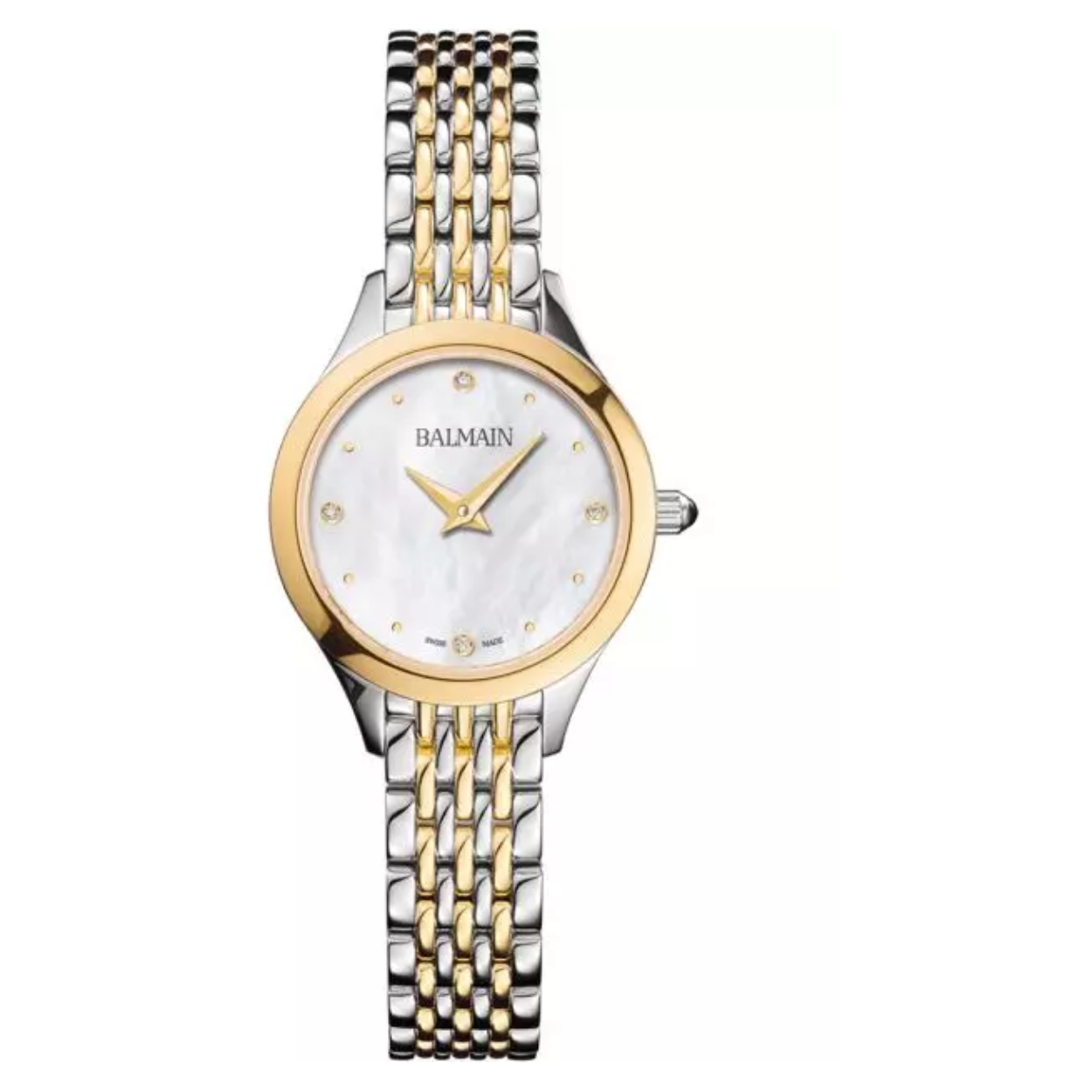  Dit elegant zwitsers uurwerk bevat een parelmoer wijzerplaat met daarin 4  diamantjes. vnawege de 2-kleuern combinatie kunt u dit horloge dragen bij al uw geliefde sieraden.