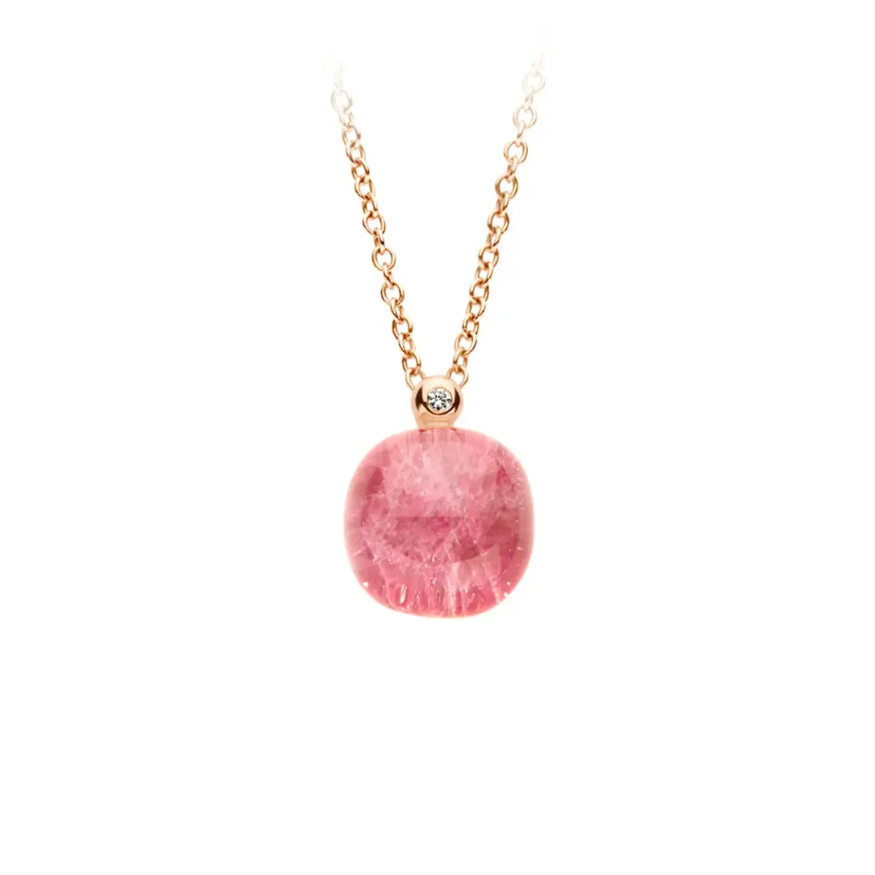 Bright Ruby
Een 18 kt. roségouden collier uit de Mini Sweety collectie van het Belgische merk Bigli. Het collier is voorzien van een prachtige
bergkristal steen met robijn en parelmoer. Tevens is het collier gezet met een diamant van 0,01 ct. in een ronde zetting.