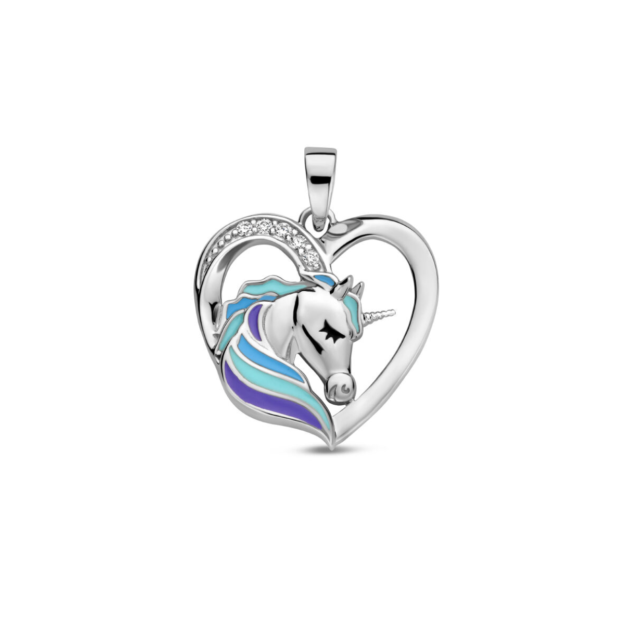 Zilveren hanger bedel unicorn in hart emaille gekleurd