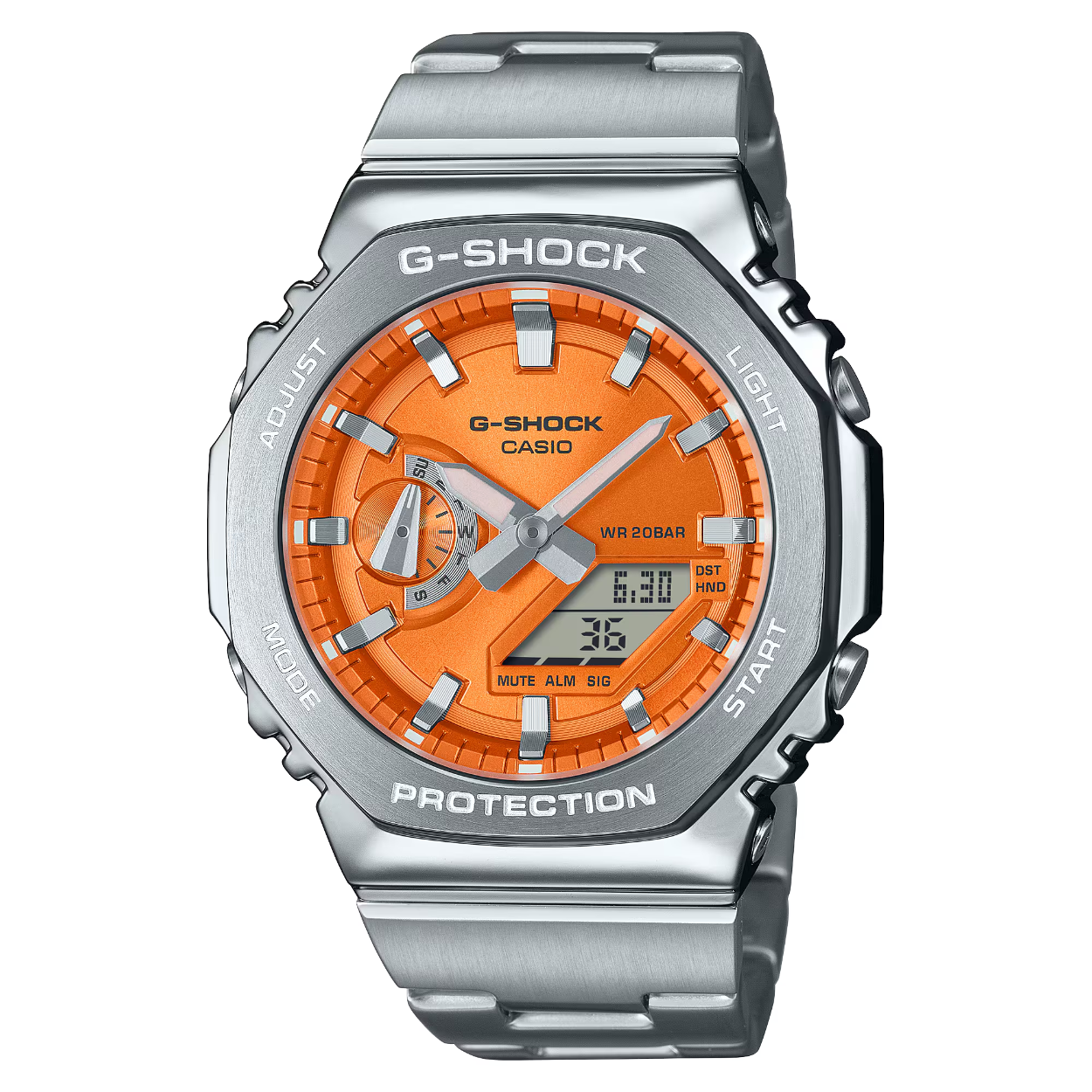 Maak kennis met de GM-2110D, een analoog-digitale combinatie van G-STEEL op basis van de GA-2100, nu met een stijlvolle update van de metalen rand en band. 

De uniforme achthoekige roestvrijstalen rand is zorgvuldig gesmeed en gepolijst en omsluit een eenvoudig ontwerp zonder poespas met een verfijnde, maar stoere uitstraling. De kast met hoge stijfheid is van fijnhars en versterkt met glasvezel, en is de dunste van alle G-SHOCK-combinatiemodellen, met slechts 11,8 mm.

De metalen band, samen met de frisse kleur van de wijzerplaat in metallic messing, kan alles aan; werk of ontspanning. 

Je kunt kiezen uit hemelsblauw, oranje of limoengroen, naast de klassieke kleuren marineblauw en zilver. En dat alles met dubbel ledlicht met hoge helderheid, zodat je zelfs in het donker goed kunt lezen.