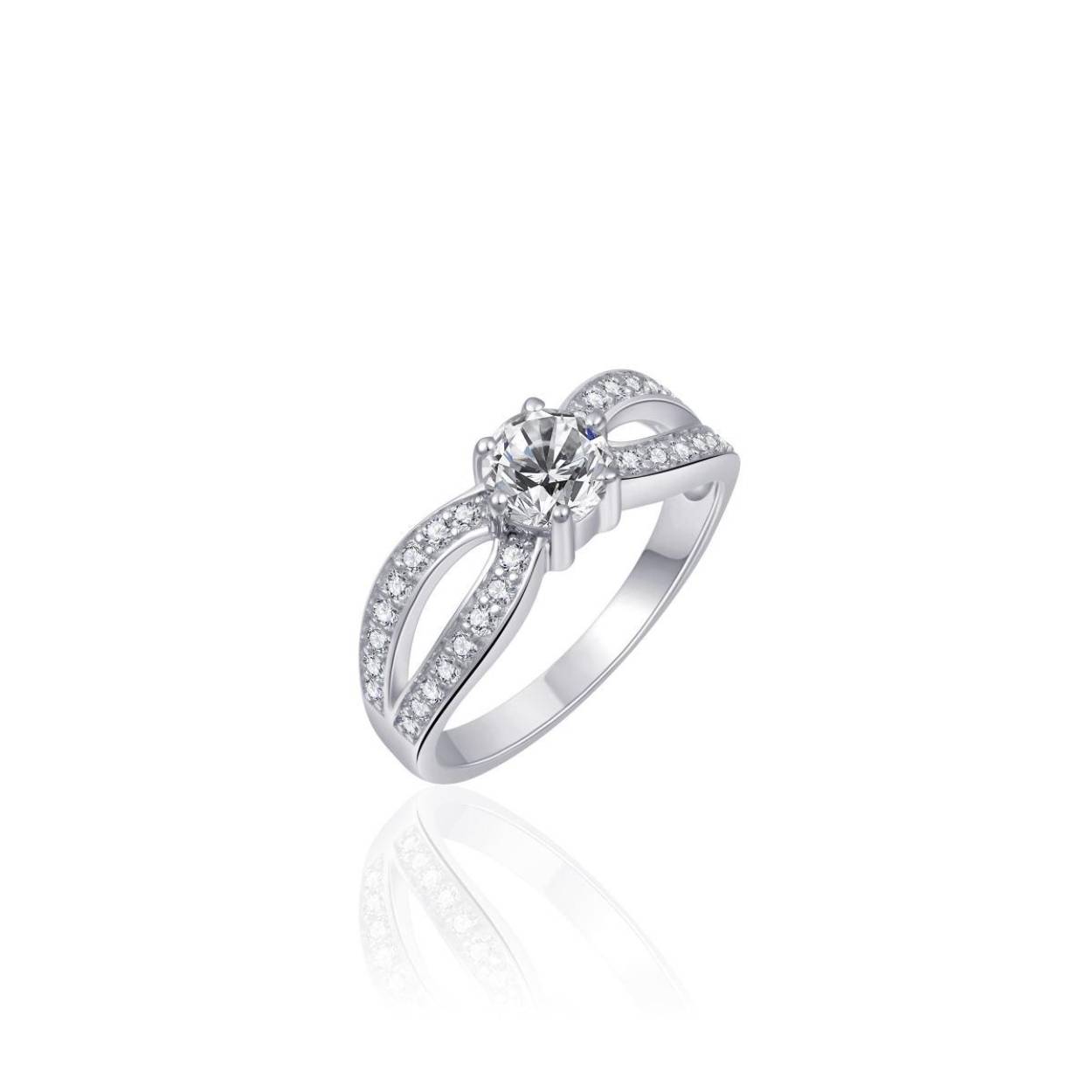 Gisser ring met een zirconia en een dubbele baan gevuld met meerdere zirconia's. 
Verkrijgbaar in de maten 48 tot en met 62