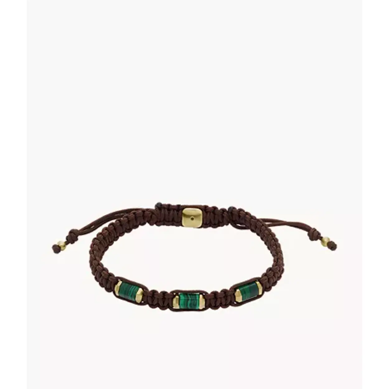 Bruine nylon cobra stitch armband met malachiet kralen en vergulde stalen accenten.

