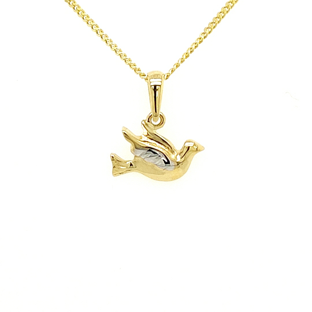 Deze bicolor gouden hanger is gemaakt tot een sierlijke vogel. De vleugel is witgoud, wat zorgt voor een bijzonder effect. Verder is de hanger volledig glad gepolijst.

Note: het kettinkje hoort niet bij de hanger, deze is enkel gebruikt voor de foto.