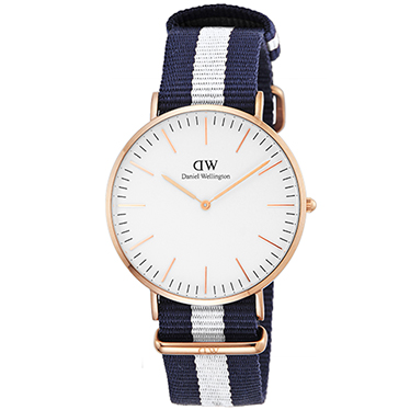 Daniel Wellington – rond rose plating horloge in 40 mm met een witte wijzerplaat-en een nylon Glasgow Nato bandje.