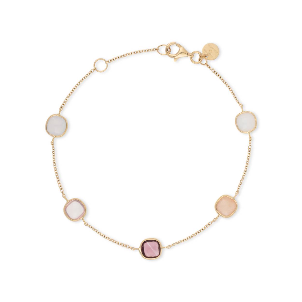 18 kt geel gouden armband van Italo bottene met de edelstenen: jade, quartz, rhodoliet en chalcedoon 
Bijhorende ring , oorstekers en collier ook verkrijgbaar  
Afmetingen: 18 cm